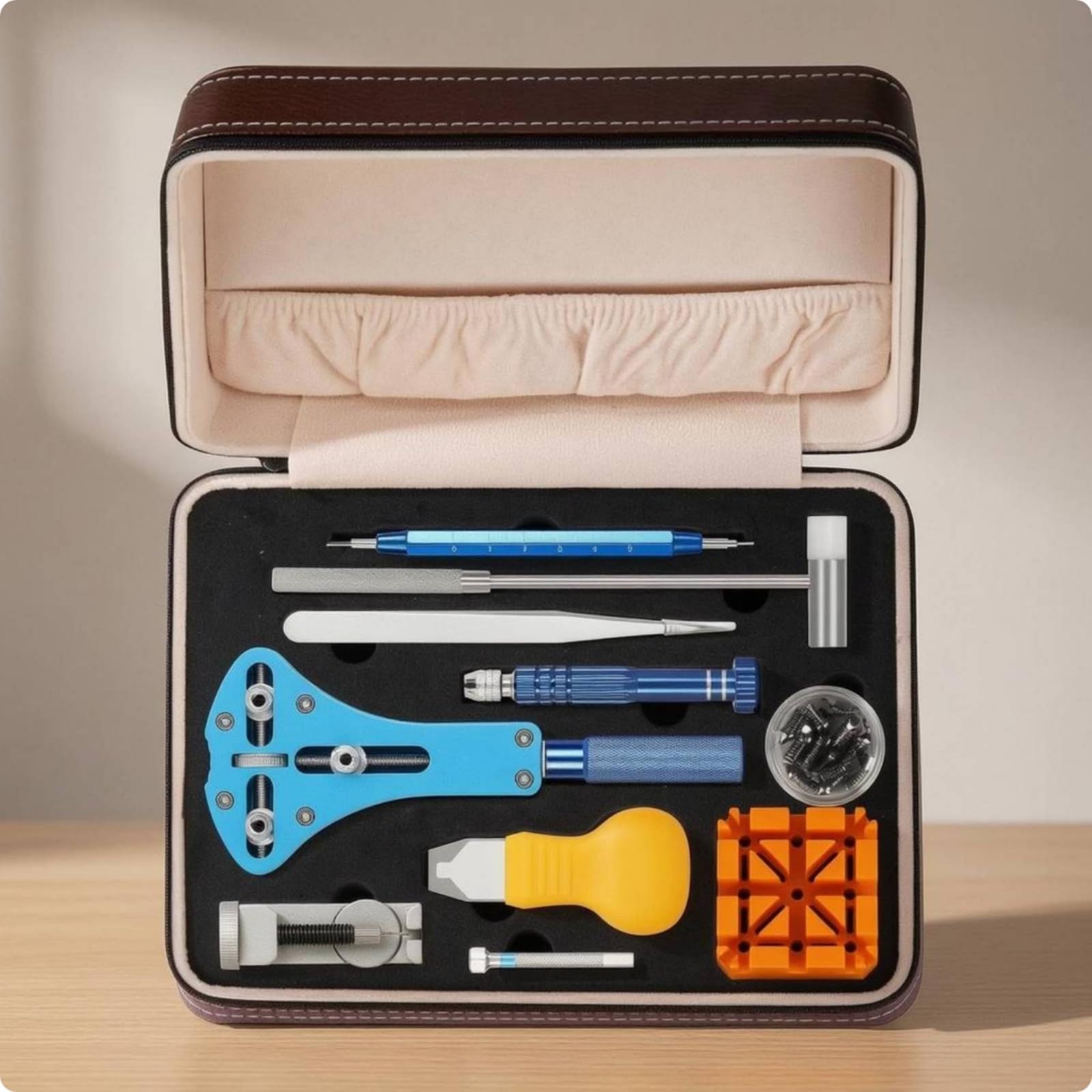 Perfeclan Kit de Reparación de Relojes Herramientas Set Juego Estuche con Herramienta de Soporte y Alicates de Precisión Material Metal y Cuero Adecuado para Cambios de Correa Banco de Trabajo Hogar