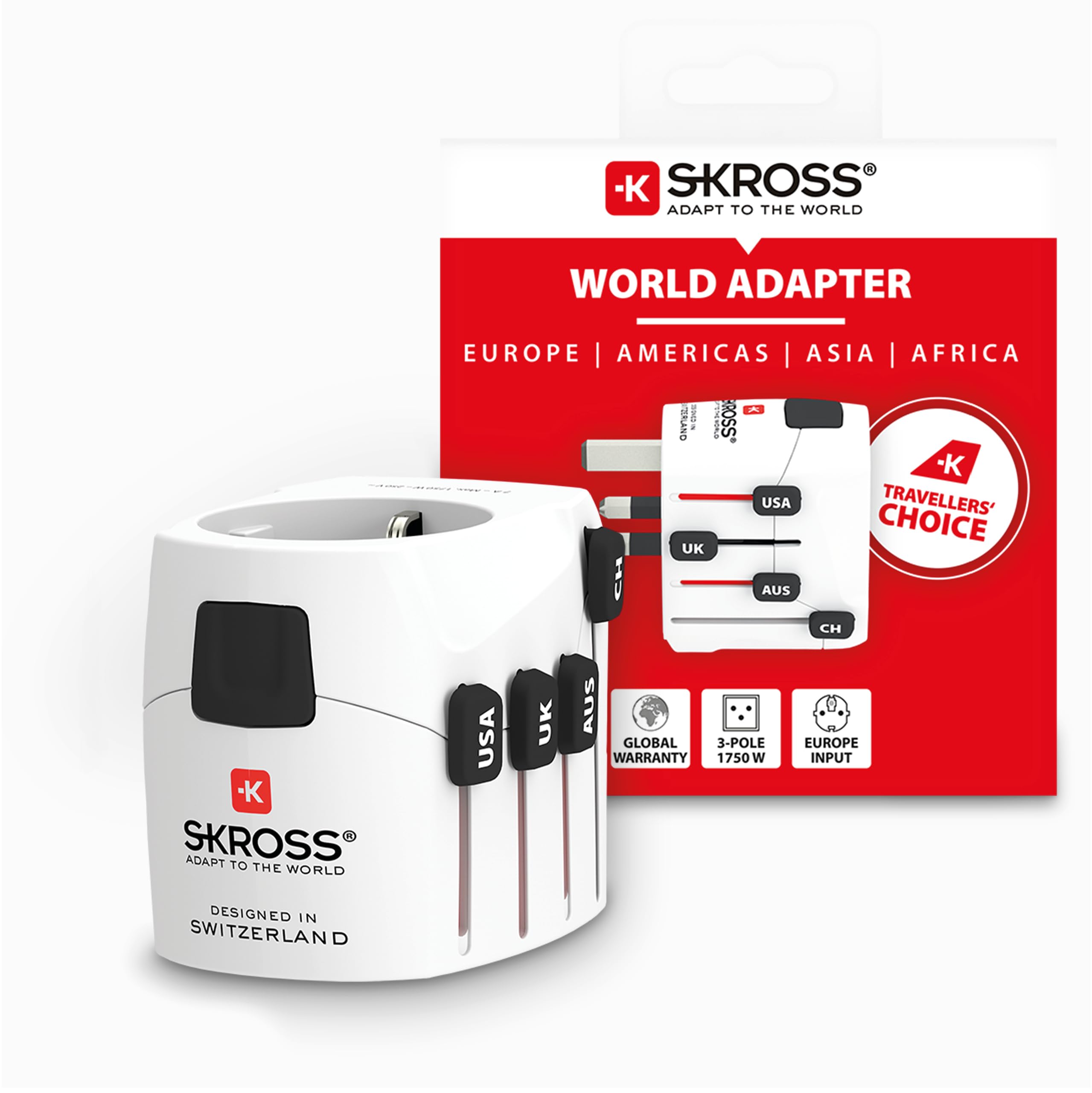SKROSS - 1.103145 | Pro | Adaptateur de Voyage Universel 2-​3 pôles pour Schuko. Tension et Puissance nominale: 100V – 630W / 250V – 1575W - Protection Contre Les Chocs électriques