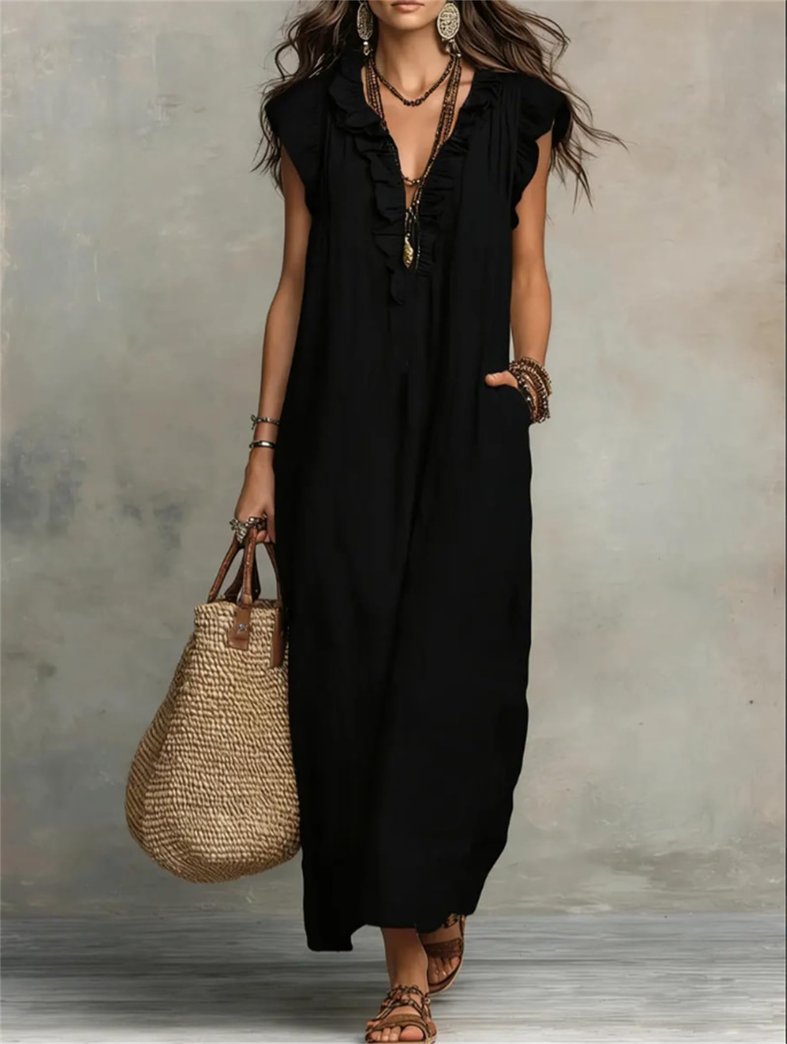 Générique Robe Longue Fluide pour Femme – Style décontracté et Artistique, Unie, en Coton et Lin, sans Manches, col en V à Volants
