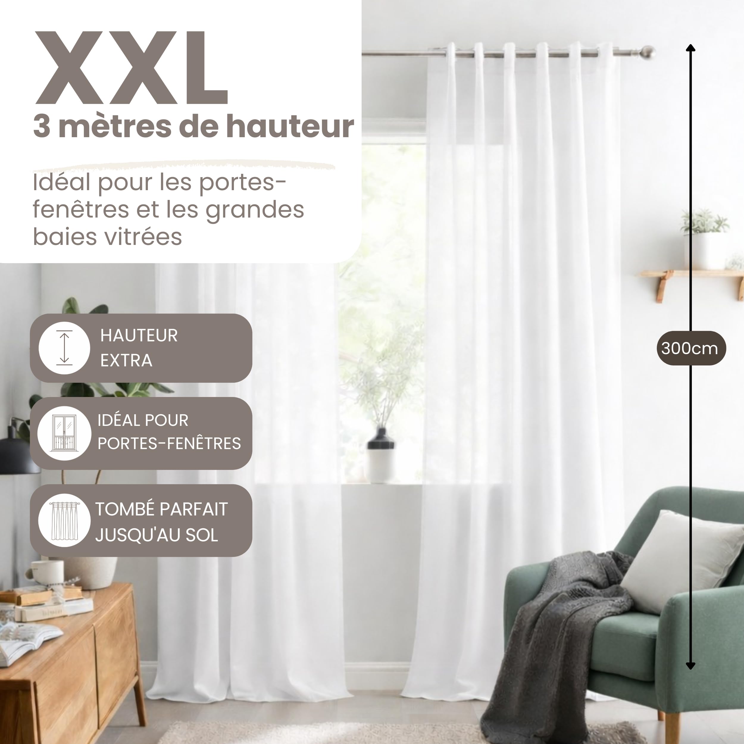 STORESDECO Rideau Voilage XXL Hauteur 3 Mètres, Voile en Polyester avec Galon Fronceur, Fenêtres et Portes, Filtrage Lumière, Design Moderne et Élégant, Beige 280x300 cm