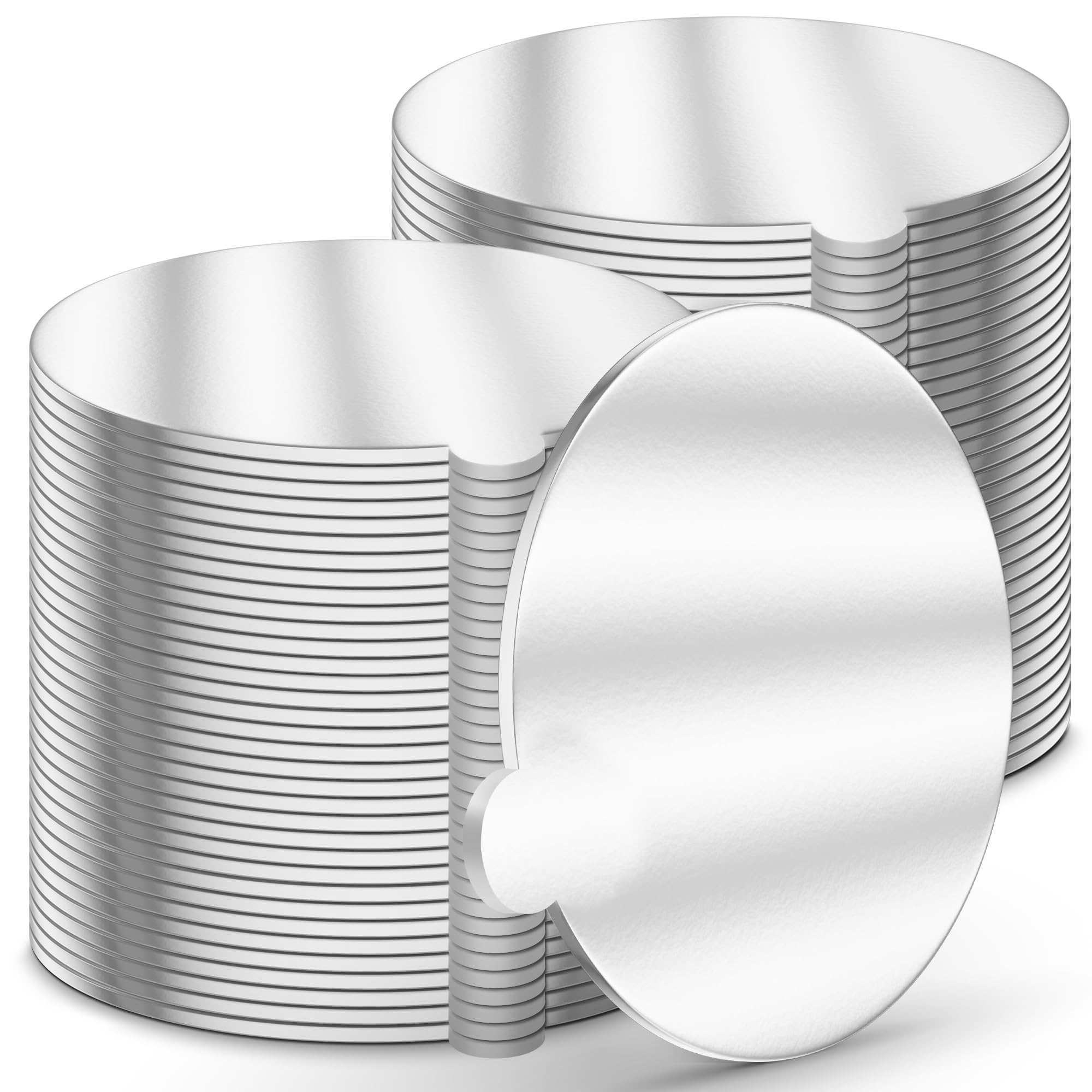 O'CREME Mini tablas redondas plateadas para tartas con pestaña – 4 pulgadas a prueba de grasa, cubierta de aluminio, cartón de grado alimenticio para cupcakes, pasteles, postres, ideal para bodas,