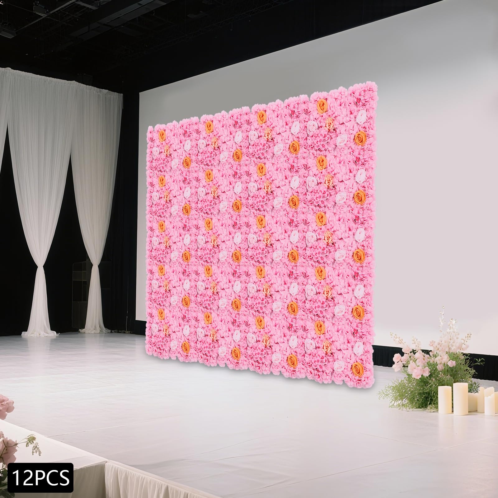Künstliche Blumenwand 12-teilig, Blumen Wandpaneel 60x40cm aus Seide für Garten Balkon Dekoration, Realistische Kunstblumen für Hochzeit Party Wohnzimmer, DIY Deko Set Rosa Champagne