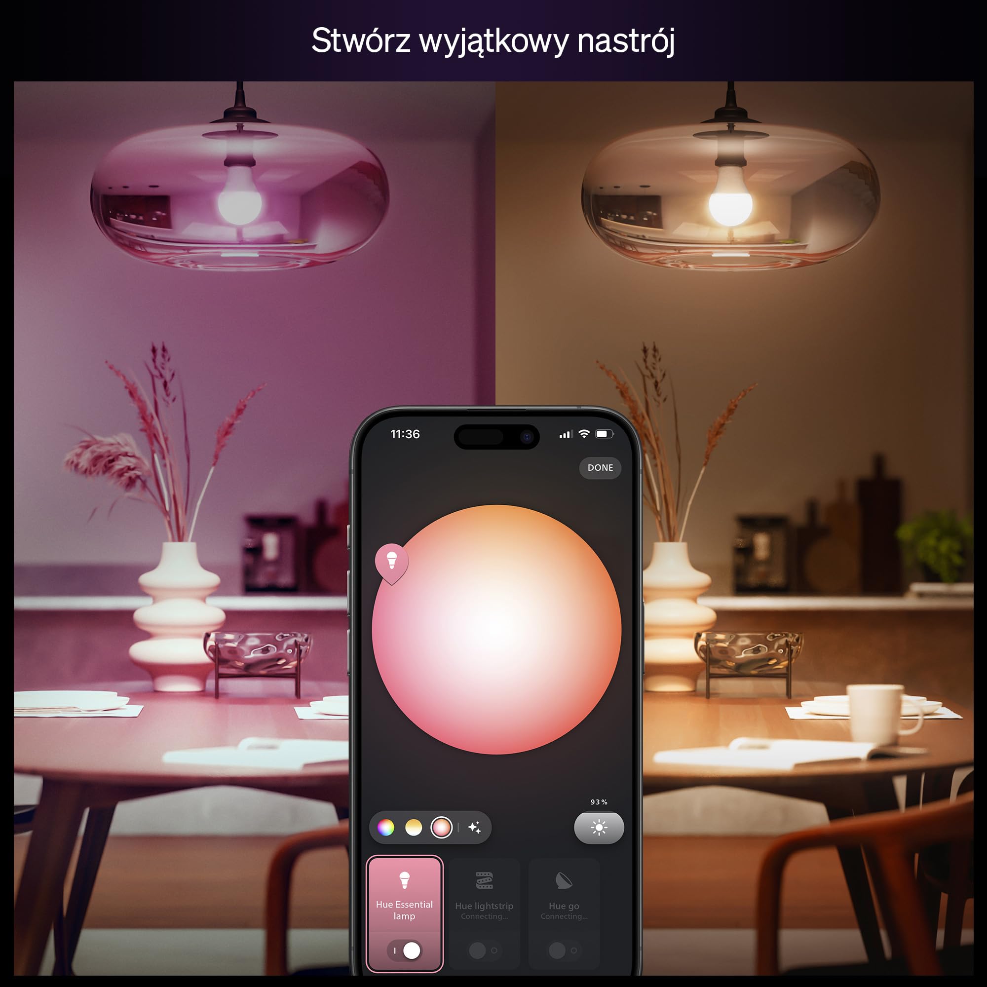 Żarówka Philips Hue Essential Smart LED A60, White and Color Ambiance, podstawa E27, 8 W, 2200K–6500K, 806 lumenów, przyciemnianie, działa z Alexą, Asystentem Google i Apple Home, 4 op.