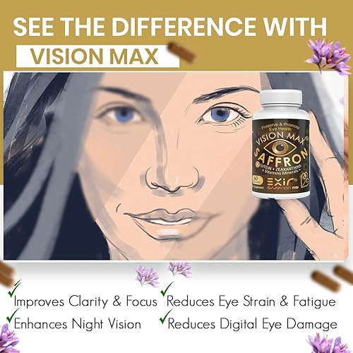 Vista 4 de Vision Max Suplemento de vitaminas para los ojos, con azafrán, luteína y zeaxantina, defensa de la luz azul, soporte macular y de retina, alivia