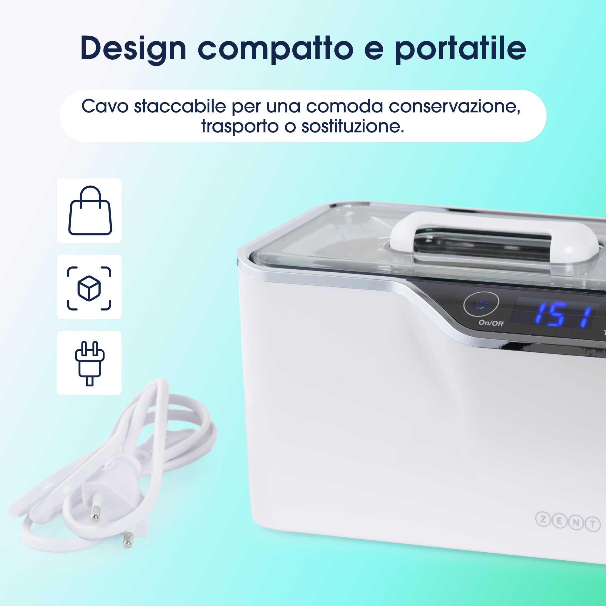 ZENT Pulitore ultrasuoni 42kHz 600ml, Ultrasuoni per pulisci occhiali, Pulizia apparecchio ortodontico, protesi dentarie, gioielli, orologi, invisalign - 5 programmi temporali, Pannello touch LED