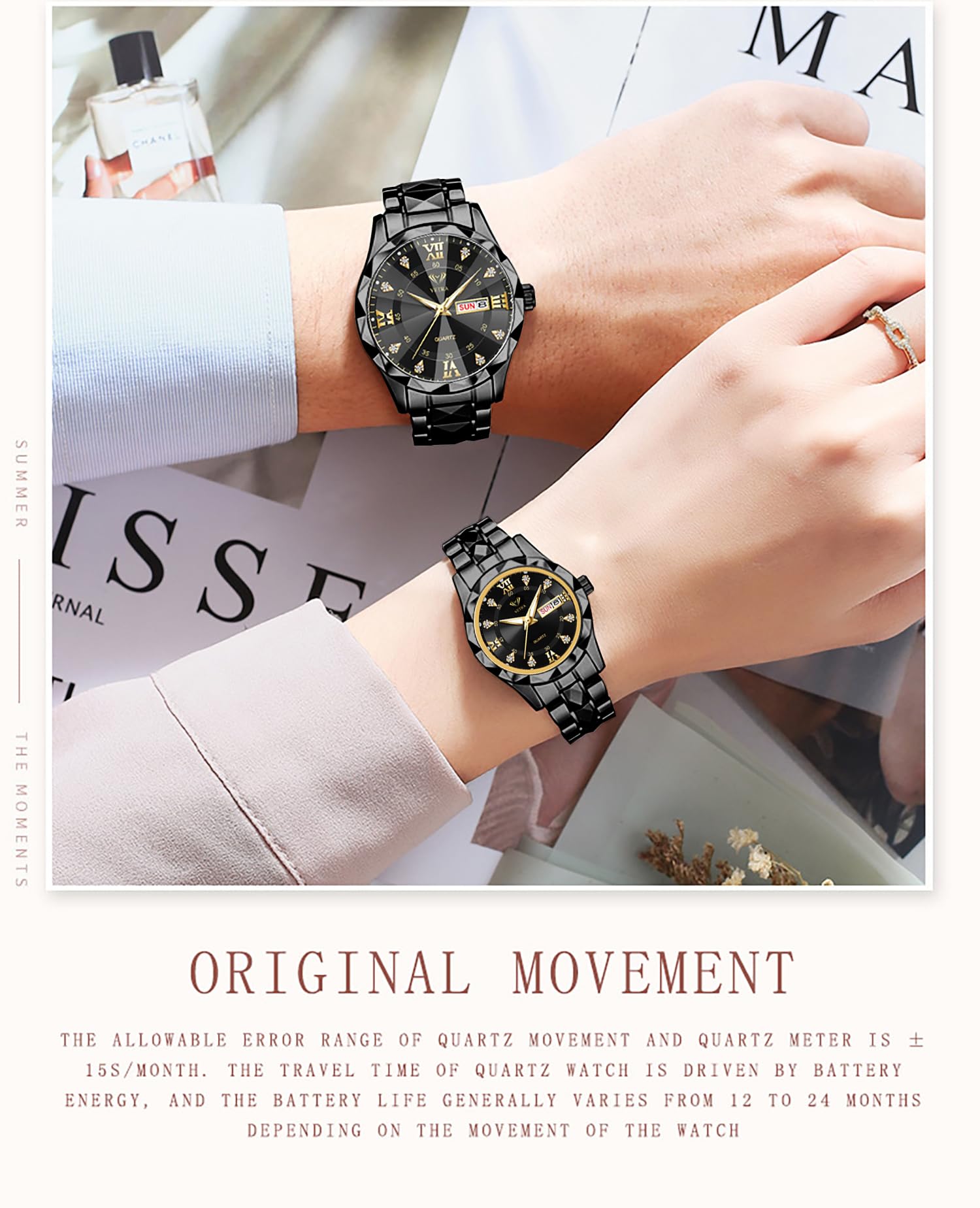Vetra Juego de 2 relojes de pulsera para él y para ella, regalos para amantes, Correa negra y esfera negra | Romántico de San Valentín, lujo, diamante, acero inoxidable, fecha de día, luminoso, resistente al agua