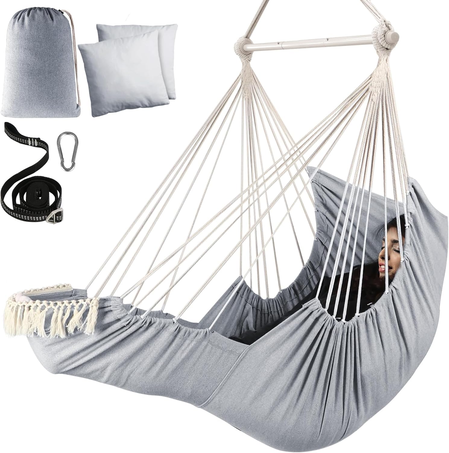 Chihee Hammock Chair Hanging Chair with Foot Rest 2 Cushions Max 500lbs Robust Metal Spreader Bar Collapsible Easy Storage Soft Cotton Swing Chair Strong Strap Iron Carabiner Side Pocket Included Light Grey Collapsible Metal Spreader Bar
