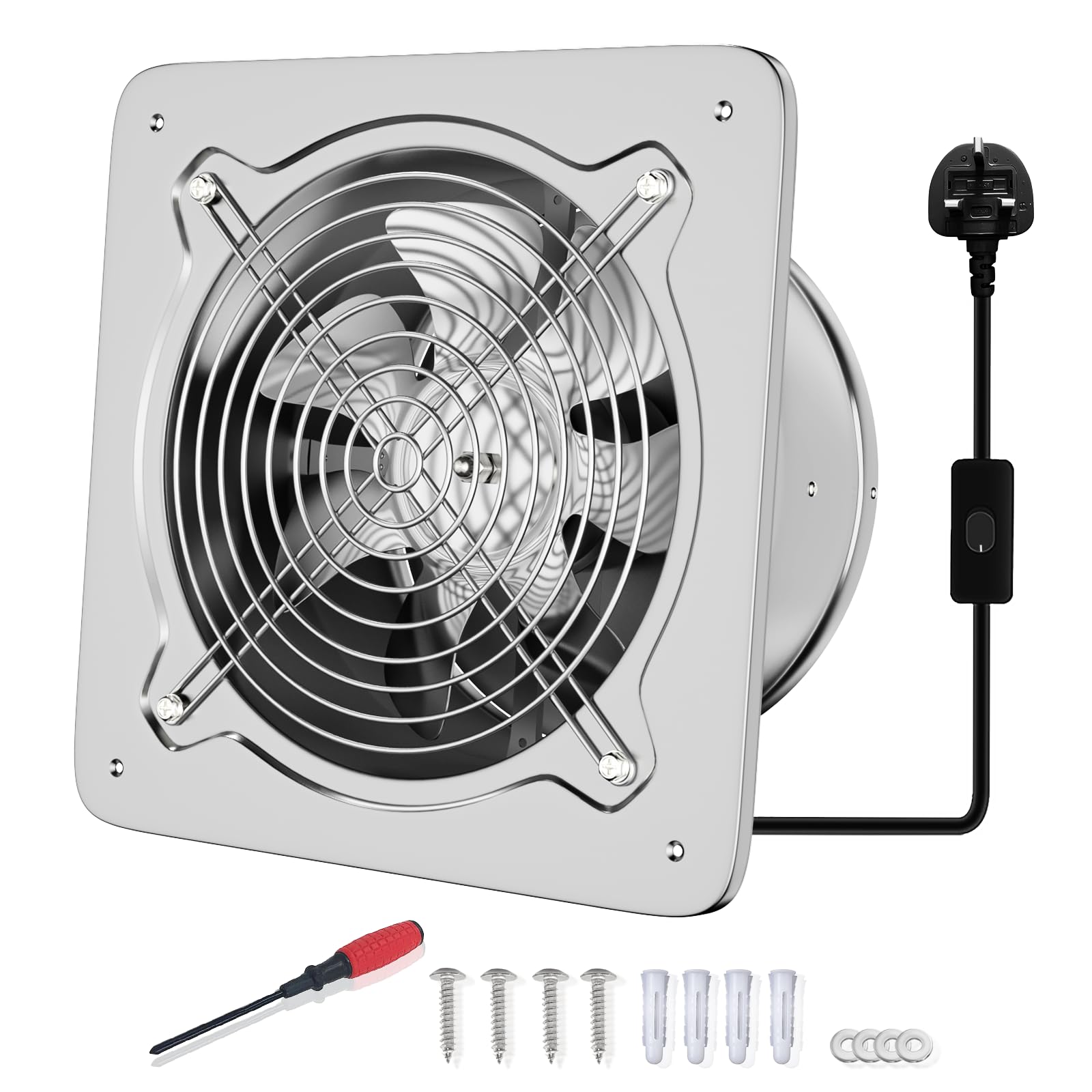 FanGoFast 6 Inch/150mm Kitchen Exhaust Fan 525m³/h Metal Extractor Fan with UK Plug Low Noise Stainless Steel Ventilation Fan for Warehouse Home Restaurant Garage (Silver