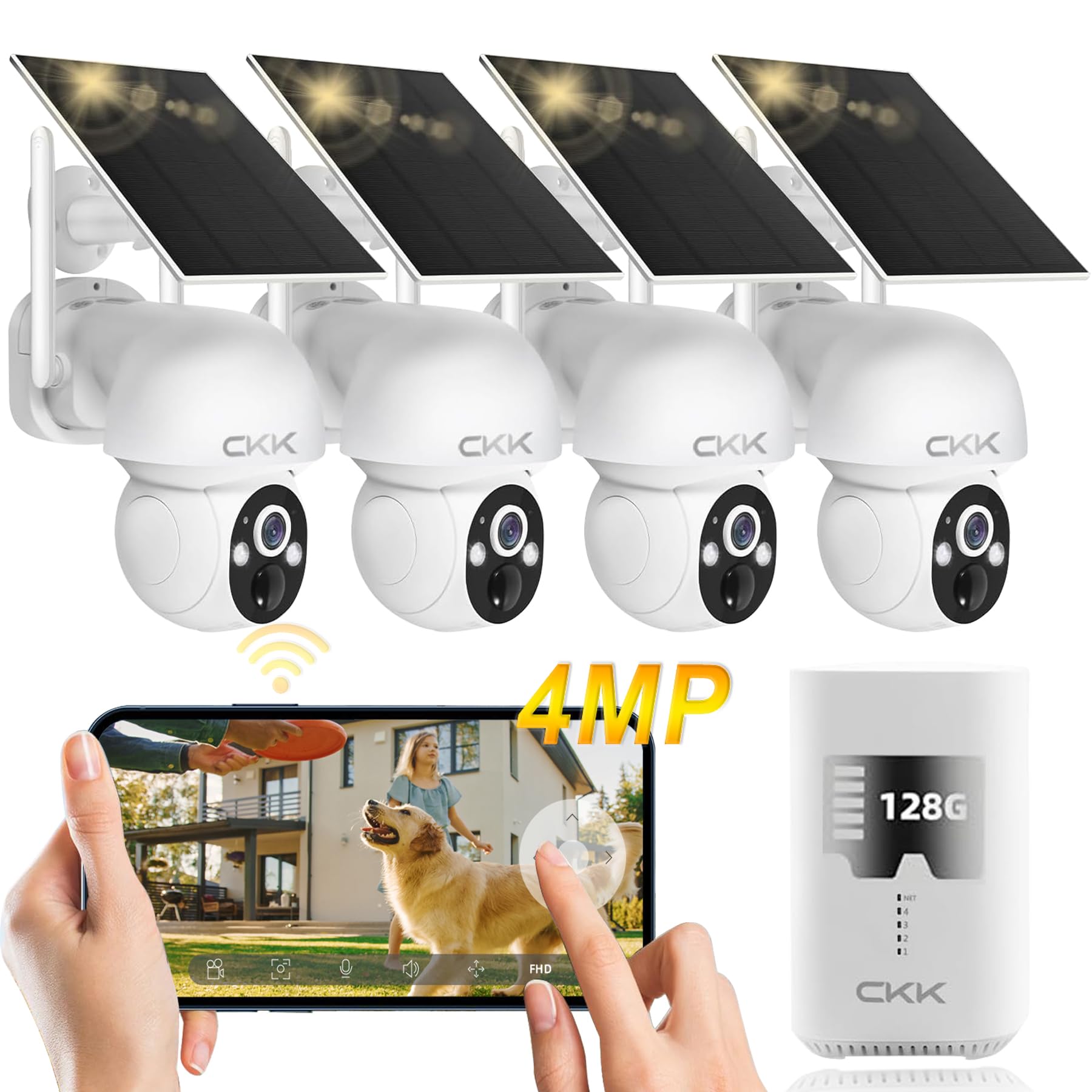 CKK 2.5K 4pcs Solar Security Camera System Wireless Outdoor with 128GB Card,360PTZ, PIR Motion Detection, Color Night Vision, 2-Way Talk, IP66