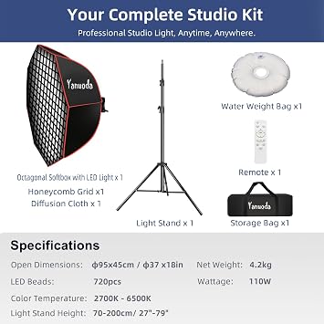 37 Professional Octagonal Softbox Lighting Kit - 110W Dimmable LED Video Light with 97 CRI, Light Stand, Diffuser & Grid, Photography Lighting Kit for Portrait, Video, YouTube, TikTok