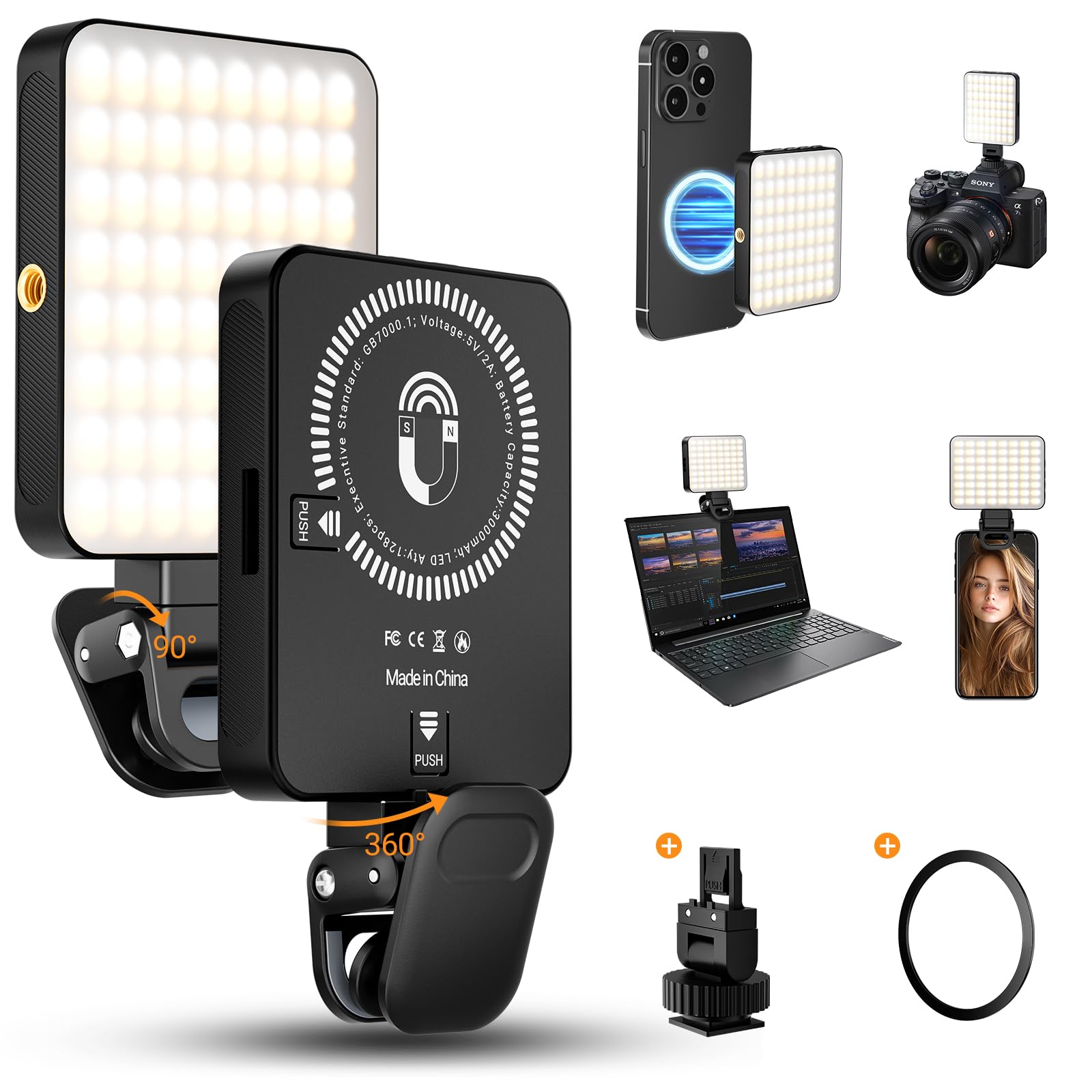 3000mAh 128 LED Światło Selfie Magnetyczna Lampka do Telefonu | 3 Trybami Światła i 10 Poziomami Regulowanej Jasności, Ładowalna Lampka do Telefonu, Tabletu, Wideo, Makijażu, TikTok