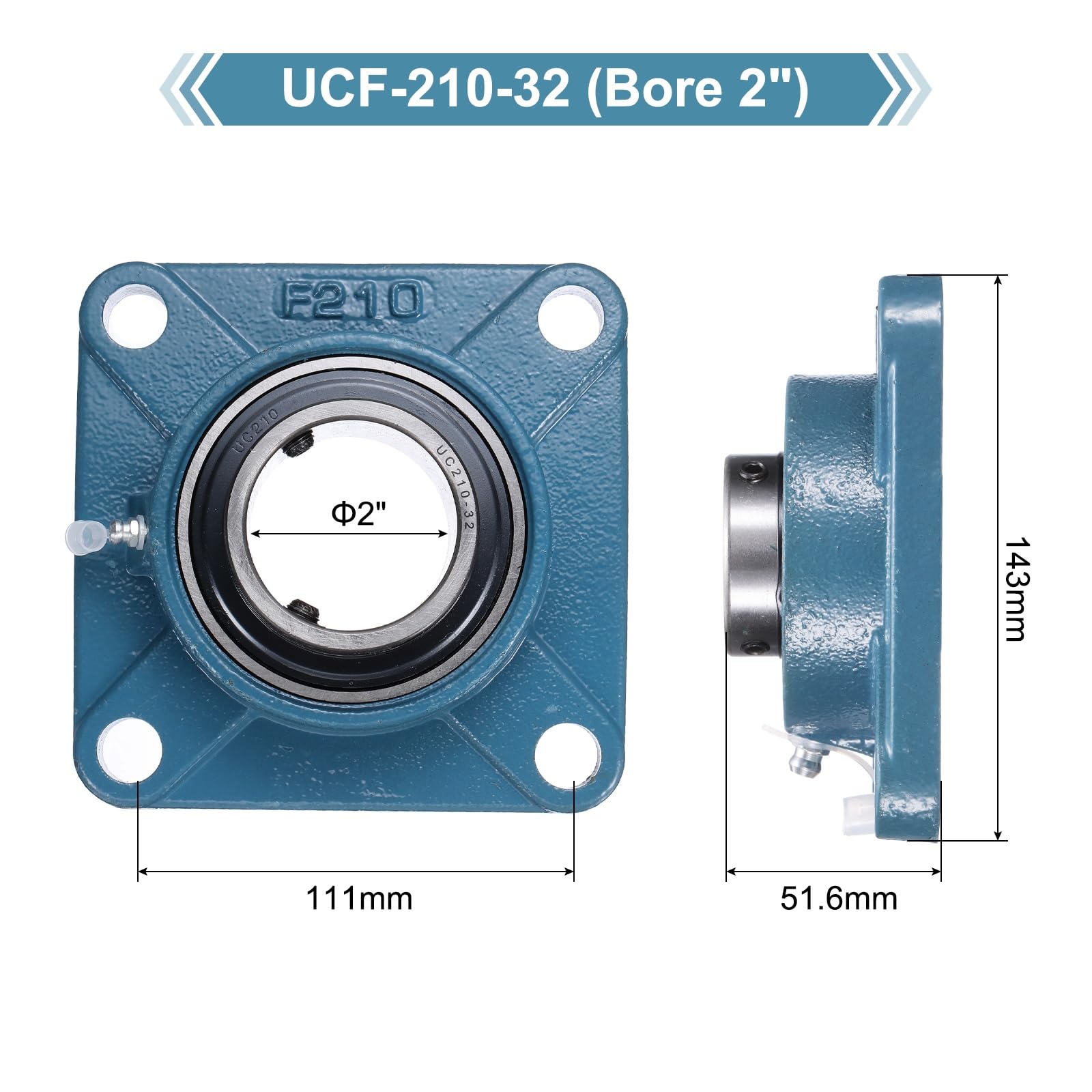QUARKZMAN 2 Pcs Cojinetes De Bloque UCF-210-32 Con Agujero De 2 Pulgadas Autoalineables De Acero Cromado Unidades De Rodamiento Con Montaje En Brida Cuadrada De 4 Tornillos Base Sólida