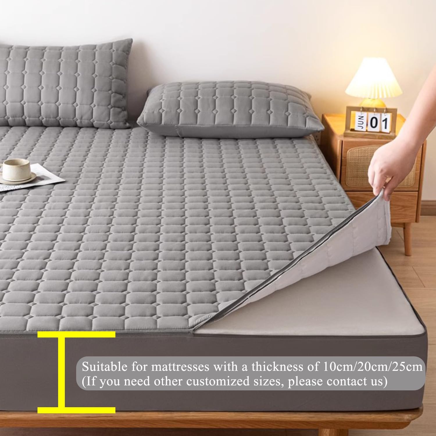 Gray,90 * 200+25cm,LDLCYCN Full Zipped Mattress Protector Customizable Comfortable Quilted Mattress Cover with Zip 6 Side Fitted Sheet Breathable Anti-Dust Mattress Encasement Cover Washable