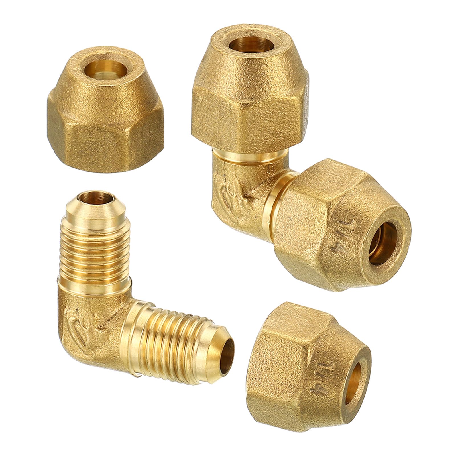 Accesorio de tubería de latón de 1/4" x 1/4", Paquete de 2, Adaptador de tubería de Codo de 90 Grados con Tuerca para Aire Acondicionado, refrigeración y plomería