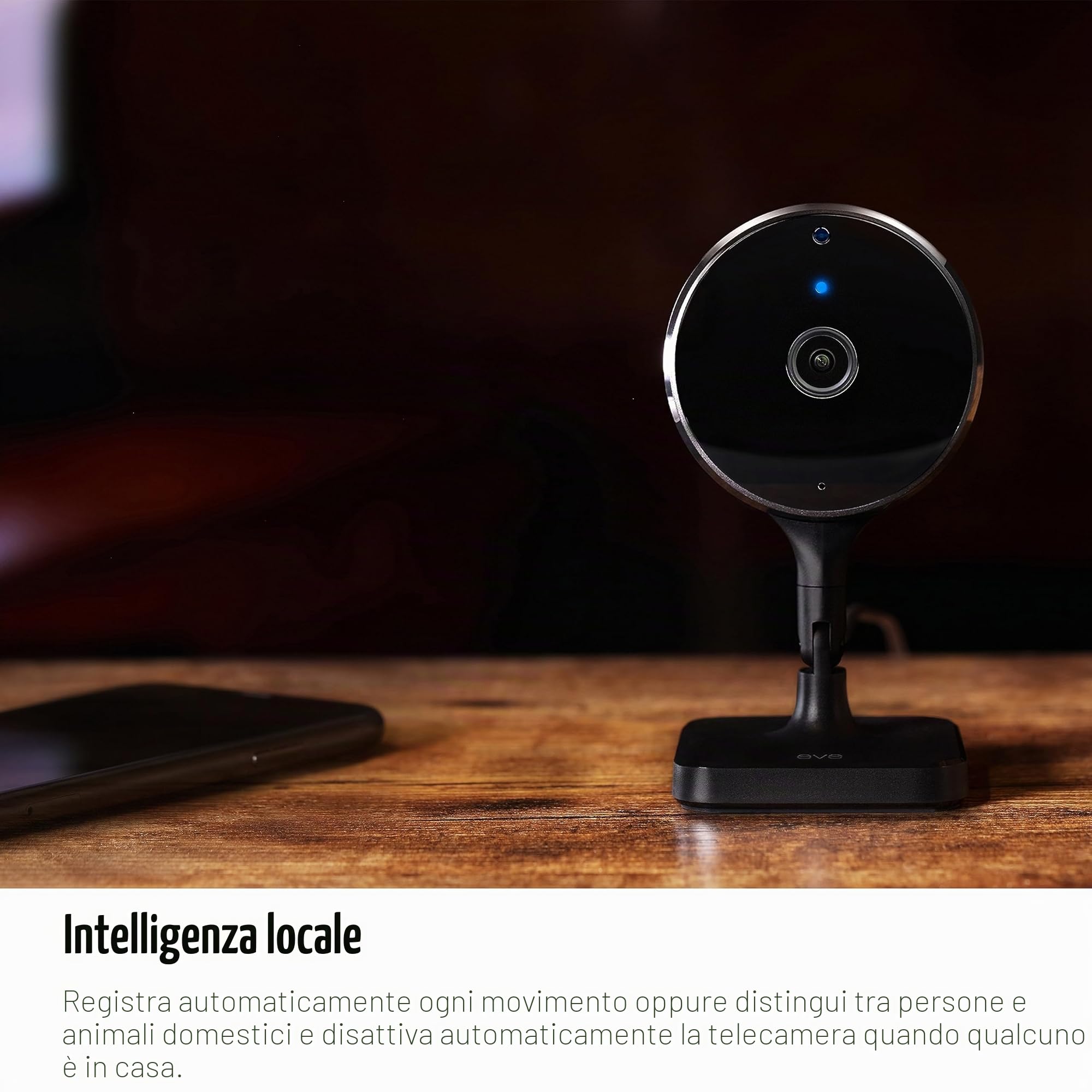 EVE Cam - Videocamera intelligente per interni, risoluzione di 1080p, privacy al 100%, Video sicuro di HomeKit, notifiche su iPhone, microfono e altoparlante, vista notturna, installazione flessibile