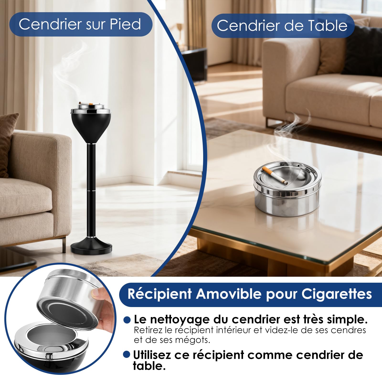 Cendrier Exterieur sur Pied, Cendrier Anti Odeur pour Interieur | Cendrier sur Pied Exterieur Réglable De 42 Cm À 61 Cm, Cendrier Cigare Amovible avec Couvercle & Avec Socle Lesté, Noir