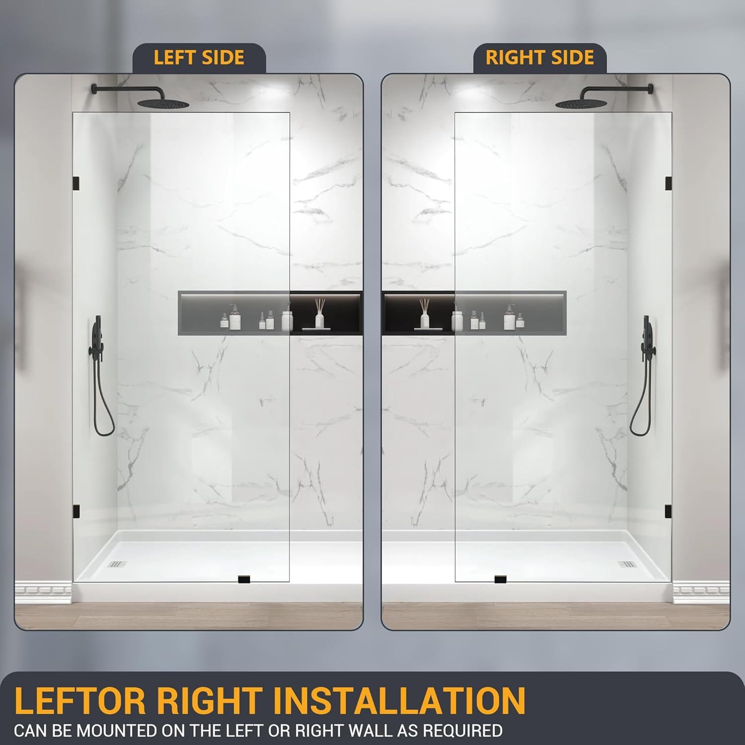 Bathroom Shower Glass Door 34" W×78.75" H, 3/8"(10mm) Thick Clear Tempered Glass Panel with Clamps, Fixed Frameless Waterproof Shower Door, Matte Black