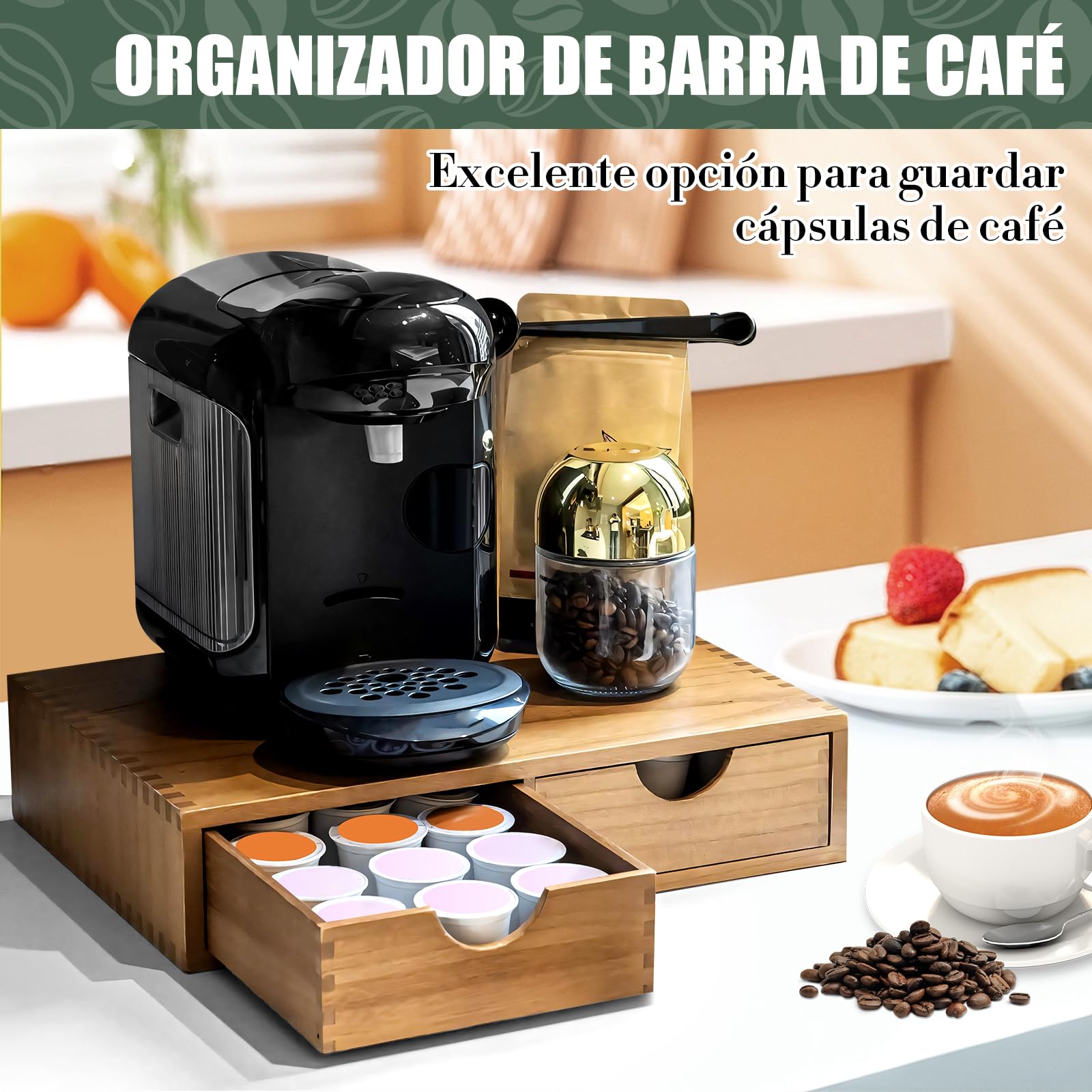Organizador de Almacenamiento de té con cajón, cajón de Madera para Almacenamiento de cápsulas de café, Organizador de cajones de cápsulas