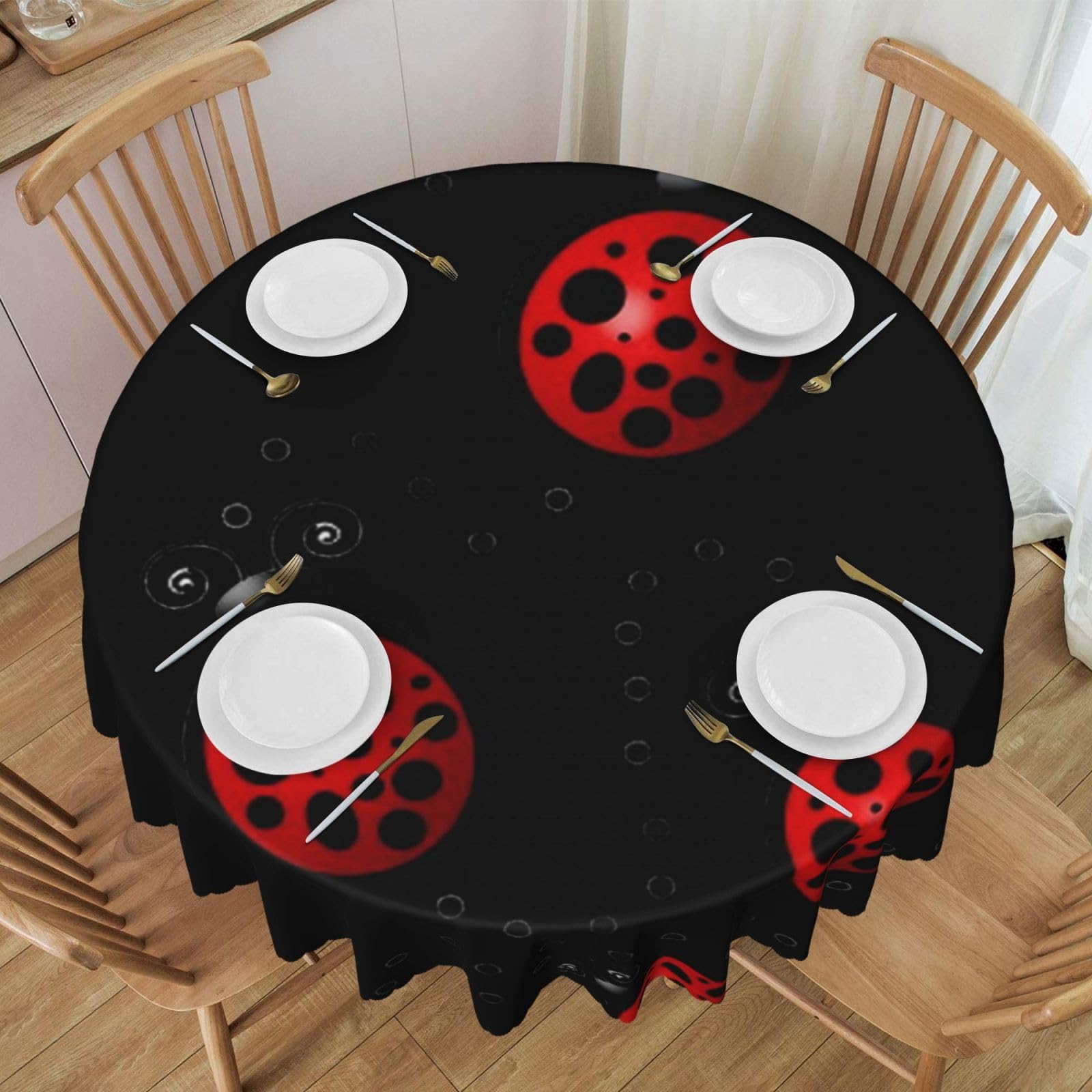 DCEHGEW 60 In Round Tablecloth with Lace, Art Ladybug Tracks Printed Oilproof & Washable Fabric Picnic Table Cloth Table Covers