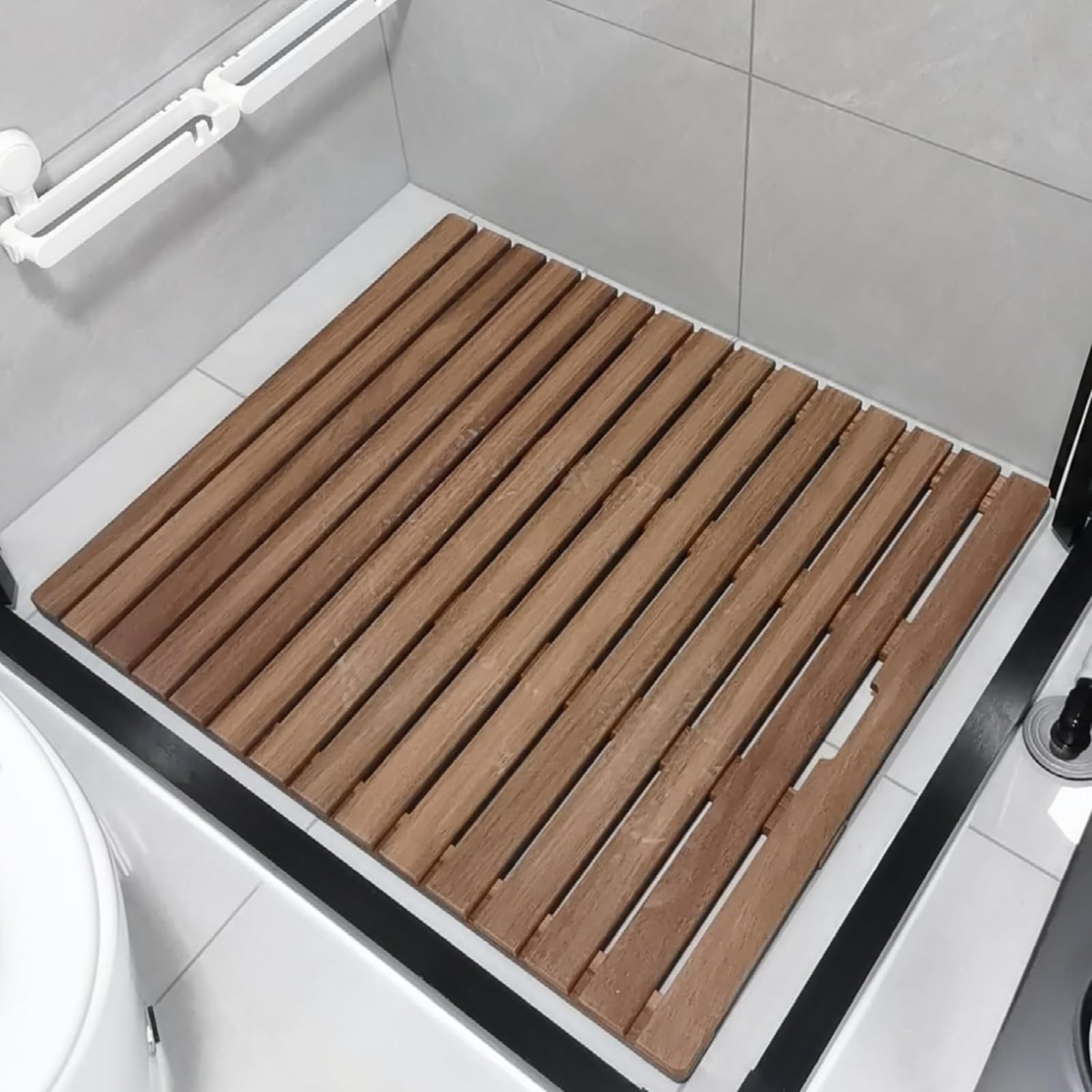 Teak Wood Bath Mat, 21 24 25 26 27 30 Inch Length Teak Solid Wood Shower Floor Mat, Square Bath Floor Mat With Anti-Slip Foot & With Center Drain Hole, for Inside Shower/Tiled Floor(26x28in(66x71cm))