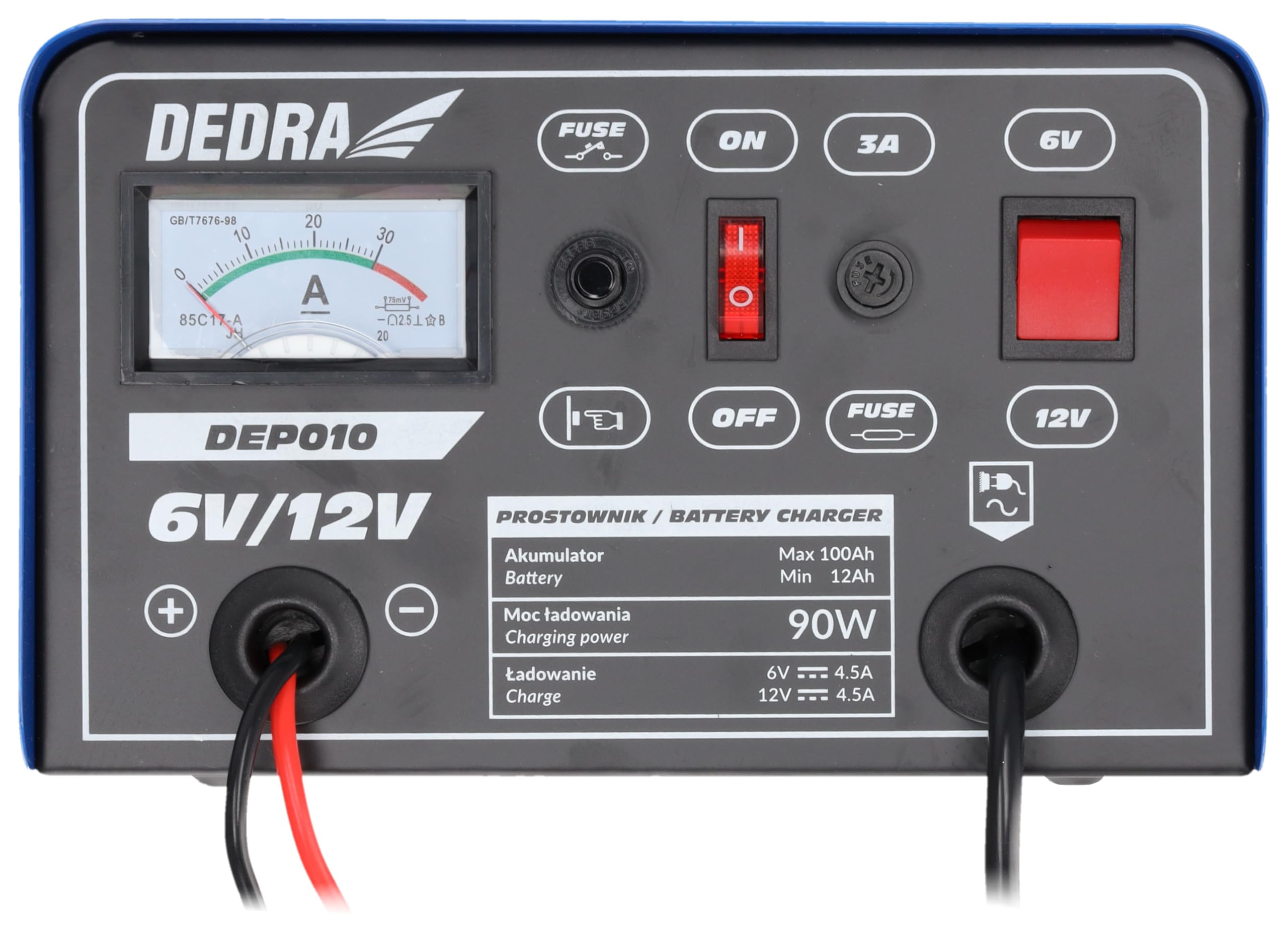 Prostownik, falownik DEDRA 6/12 V moc 12-100 Ah, moc ładowania 90 W, z funkcją wyświetlania prądu, ochrona 3A, długość kabla do ładowania akumulatora: 120 cm,