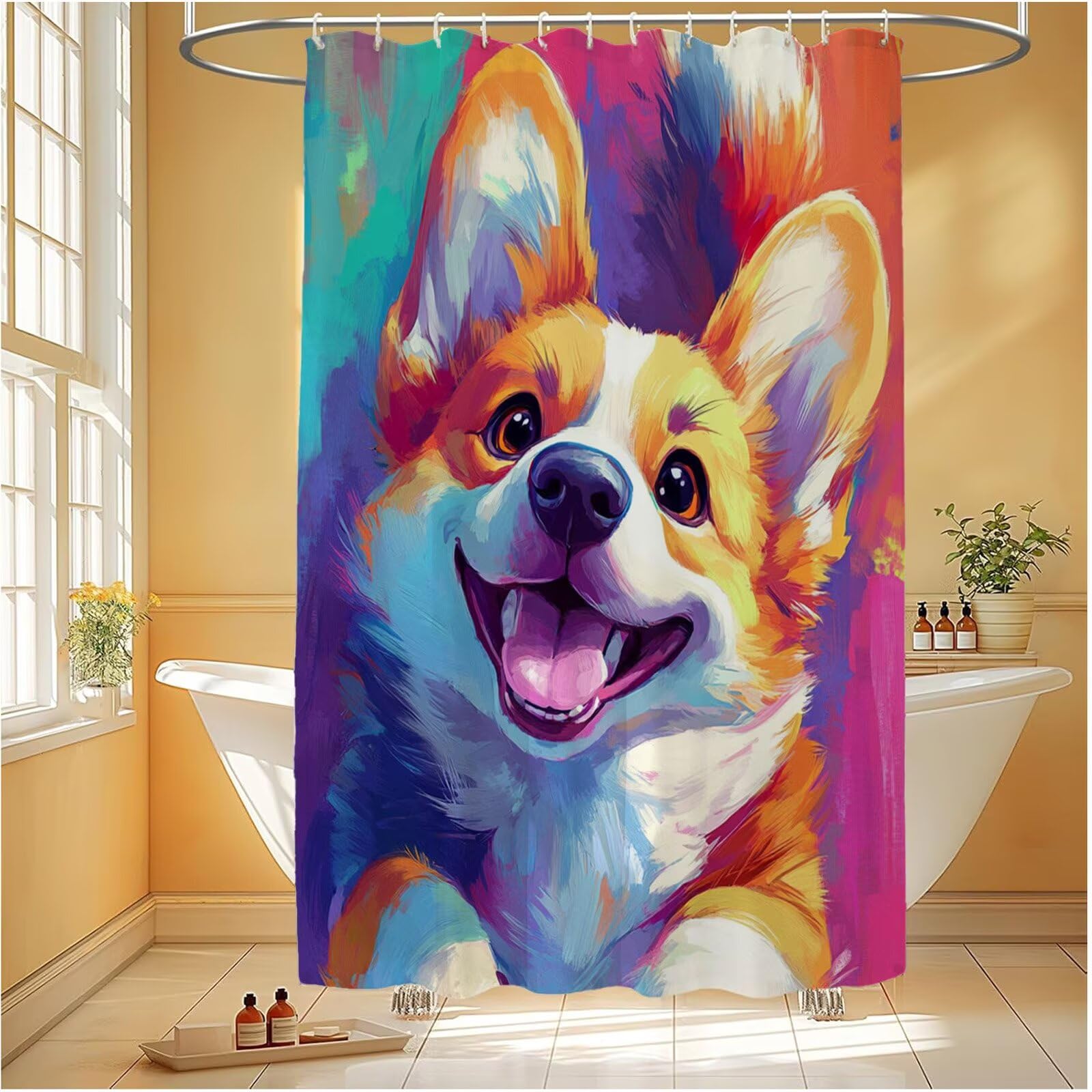 Rideau de douche imperméable motif chien coloré en tissu lavable pour décoration originale