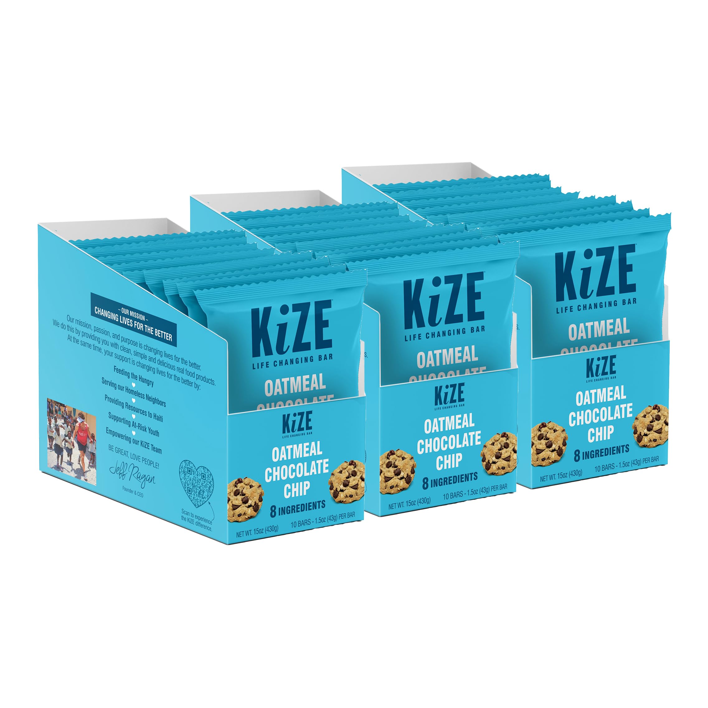 KiZE Energy Bar, Oatmeal Chocolate Chip, 30-Count, 8 Clean & Simple Real Food Ingredients, 7g Protein, Gluten Free, Non-GMO, Soy Free, Mission Based, High Protein Snacks (30 Count)