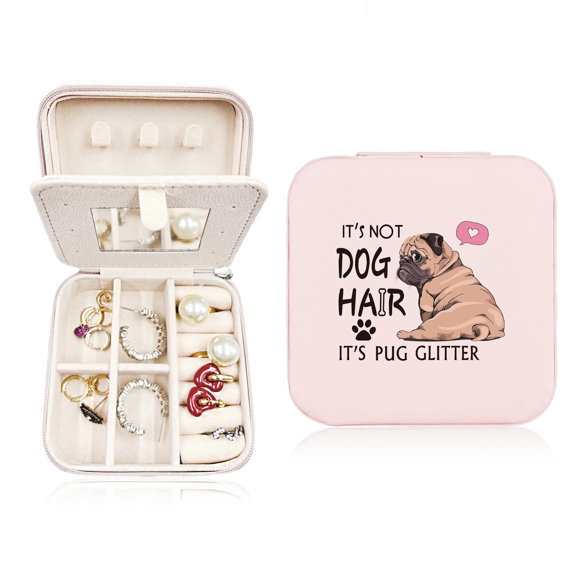JRTWIt's Pug Glitter Travel Jewelry Case, Jewelry Box for Pug Dog Decor, Pug Stuff, Pug Dog Mom Gifts for Women for Earring Organizer, It's Pug Glitter Jewelry Box for Pug Gifts for Pug Lovers.
