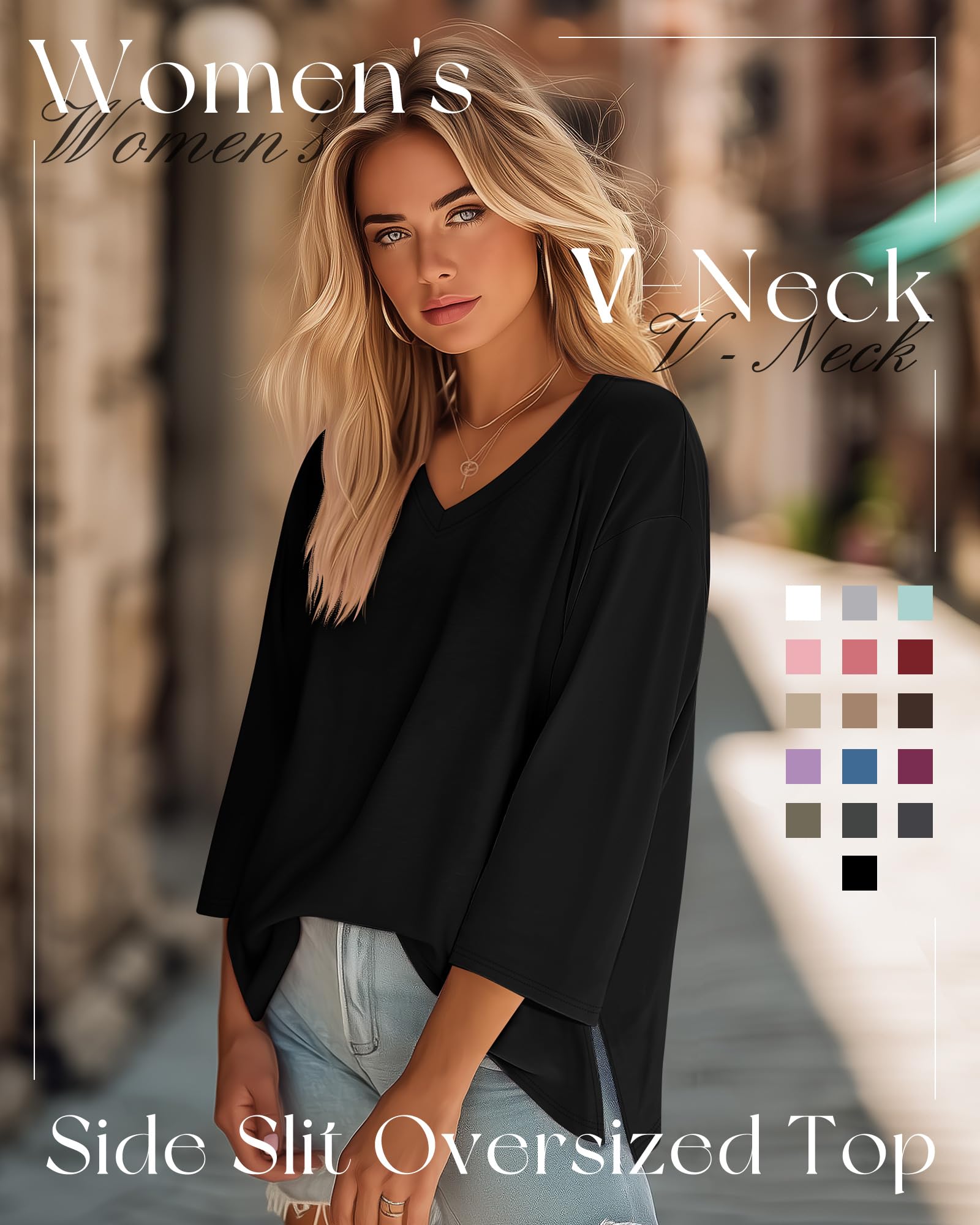 Pack 3 Tops Mujer Oversize Manga 3/4 Cuello V | Túnicas Con Aberturas Laterales, Camisetas Holgadas, Ropa Transpirable, Prendas Casual, Outfit a Capas, Moda De Otoño