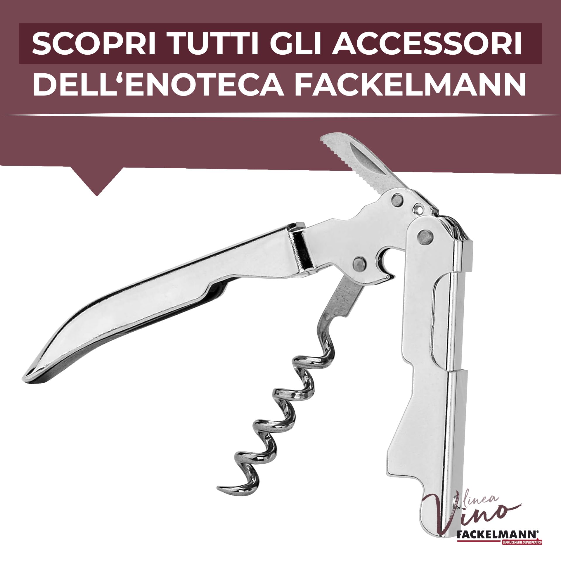 Fackelmann Super Cavatappi Sommelier con Lama Taglia Capsule, Acciaio Inox, Argento