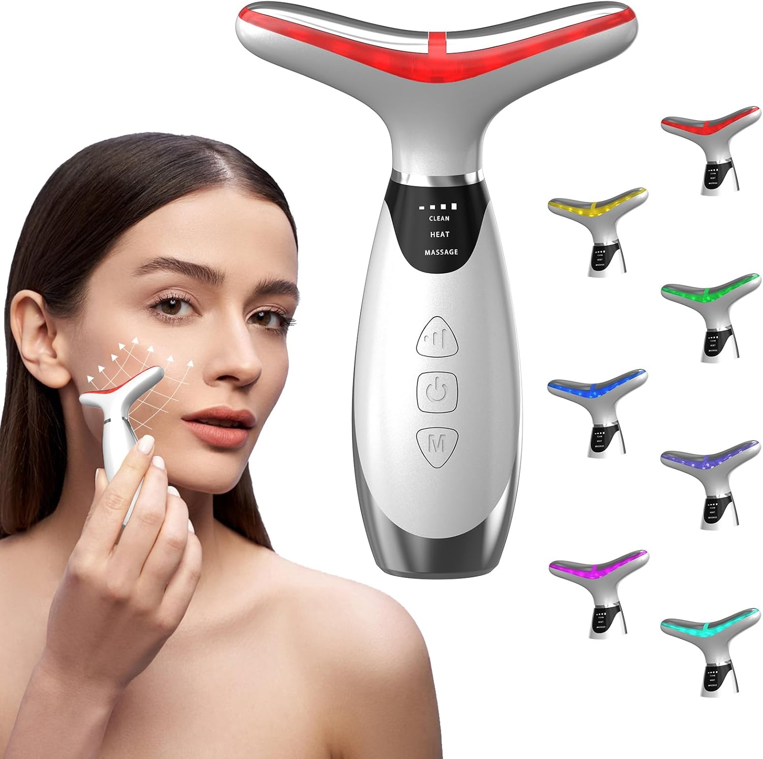 Gezichtsmassageapparaat, V-vormig gezichtsapparaat, tegen rimpels, dubbele kin verwijderen, 3 modi, 7 kleuren led facelifting-apparaat, 45 °C, gezichtsmassageapparaat voor lifting, versteviging