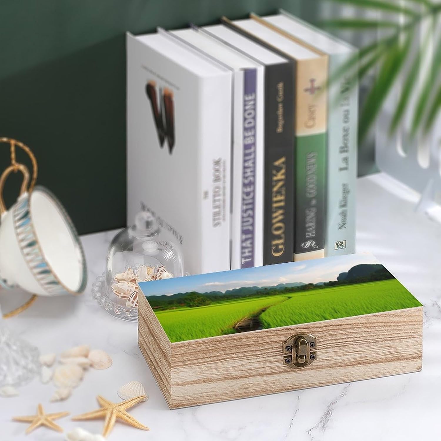 Green Rice Field Memory Jewelry Wooden Box, Large Wooden Treasure Chest Boxes with Hinged Lid, Photos Storage Case for Women Men, Wooden Keepsake Box, 7.9'' X 3.9'' X2.3''