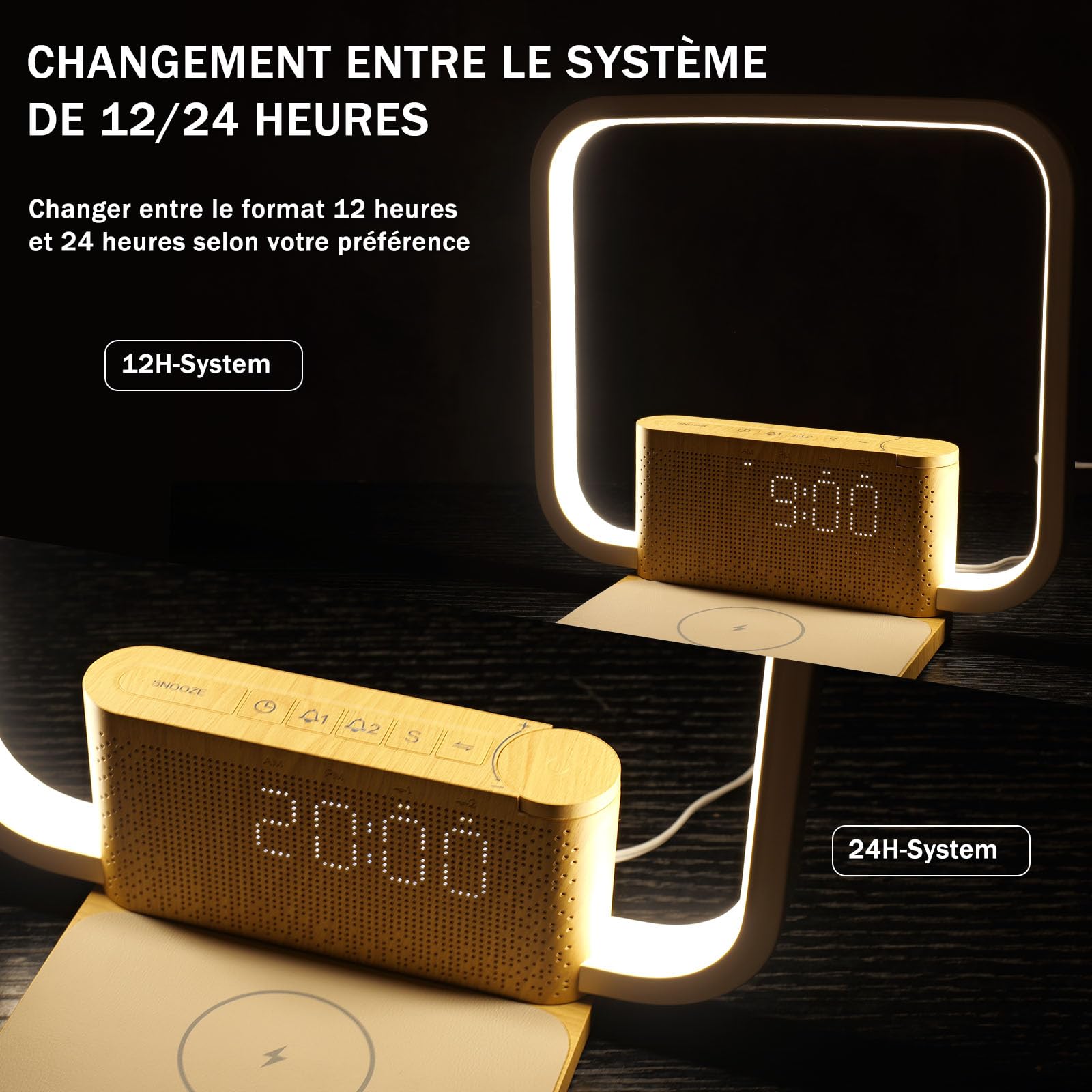 blonbar Simulateur d'Aube Réveil Lumineux, 3 Niveaux de Luminosité Tactile, Lampe de Chevet avec Chargeur Sans Fil Qi, Fonction Veilleuse et Sons d'Apaisement pour Adultes et Bébés
