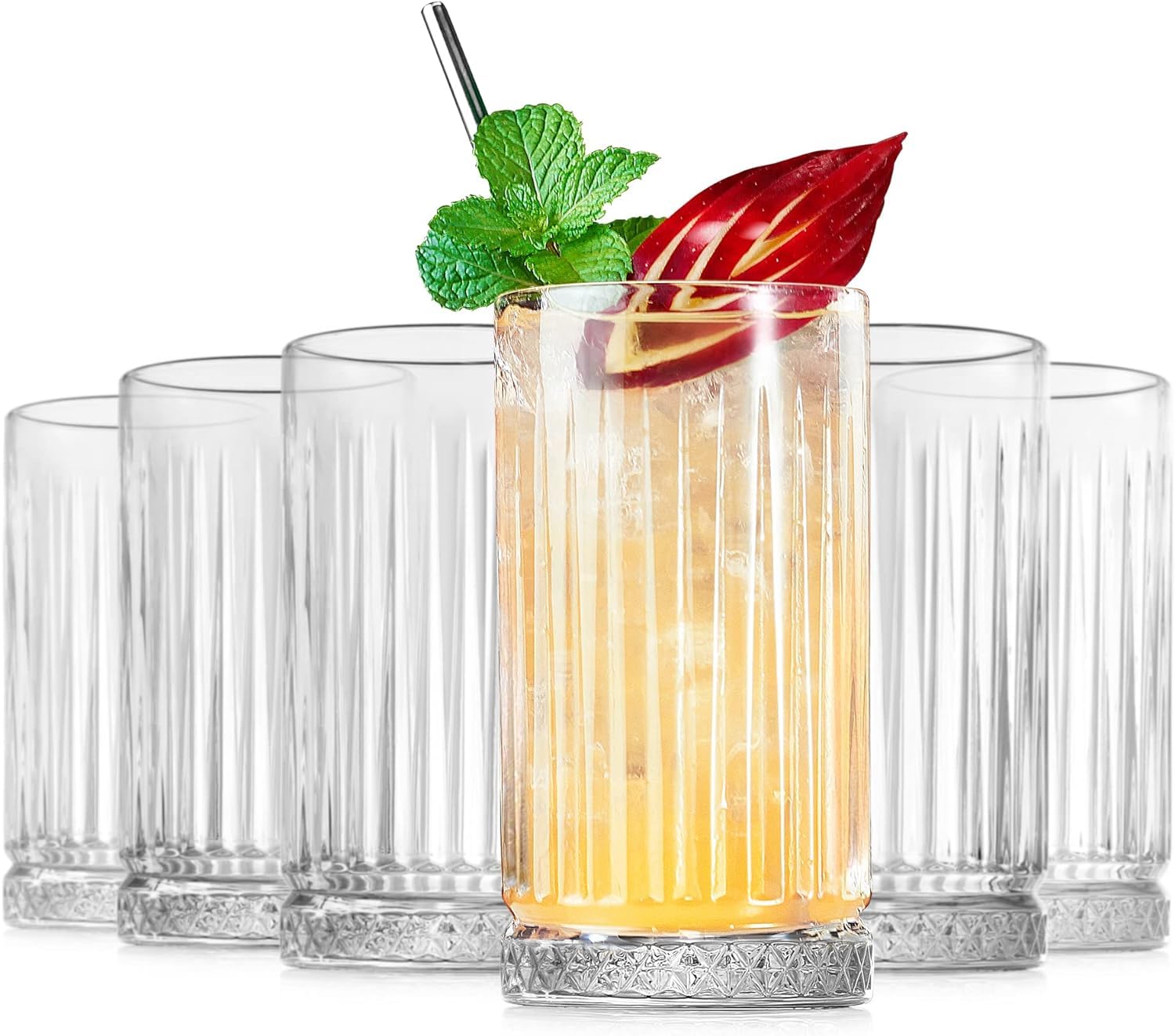 KELVEE Highball Drinking Glasses Set of 6 Lead Free Crystal Beautiful Designed Tumblers for Water, Juice, Wine, Beer and Cocktails