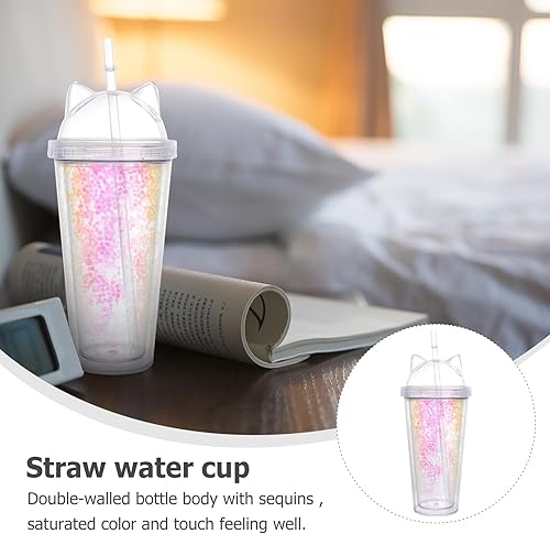Miniatura 6 de UPKOCH Vaso de plástico de doble capa con lentejuelas y orejas de gato, vaso de doble pared con purpurina de 14 onzas para el hogar, oficina,