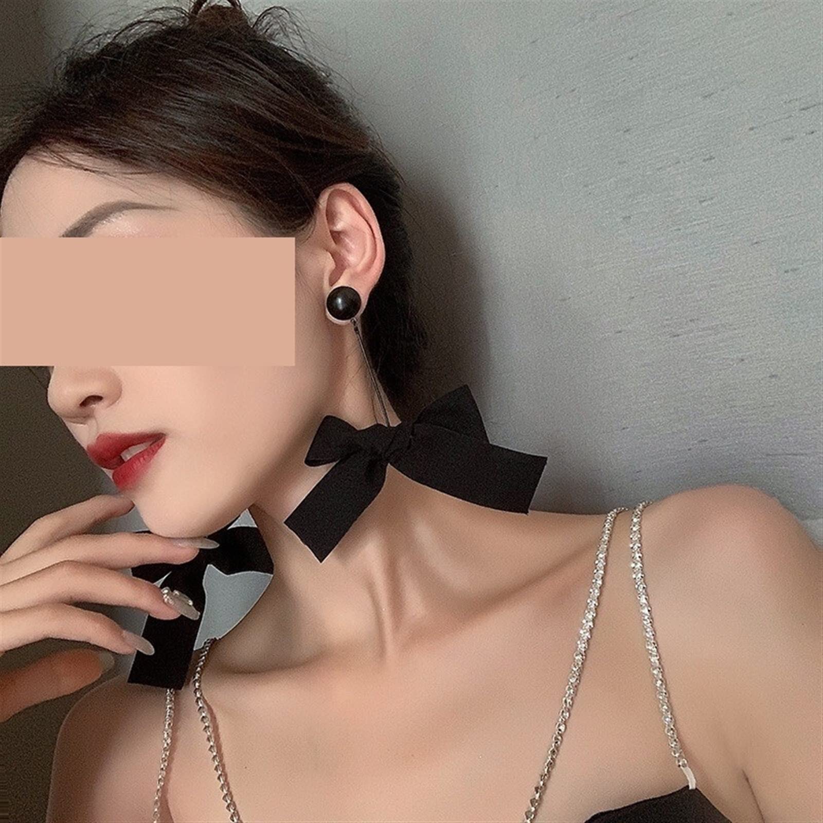 HJMMHX Damen-Ohrringe, süße Schwarze Schleife, Damen-Ohrringe, Lange modische Tropfen-Ohrringe, Schmuck-Ohrringe