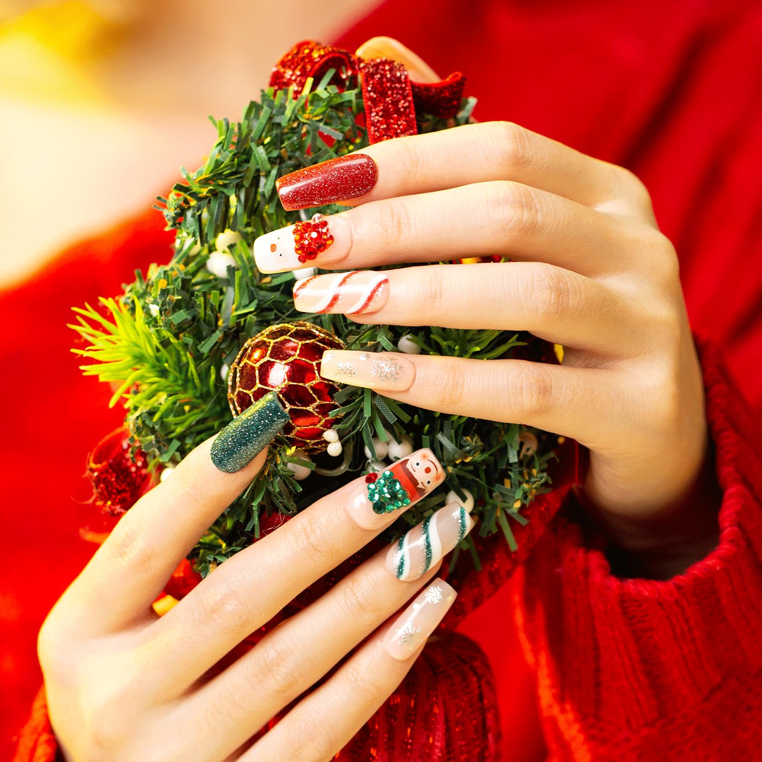 LOVFUL Press on Nails Twinkling Pines| Handmade with Full Covered Crystals | Reusable Fake Nails | Square Regular 1.0 in | H353-L