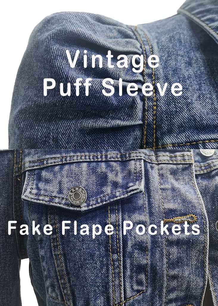 Nihsatin Women's Puff Sleeve Denim Jacket Pockets Front Button Down Crop Jean Coat - Image 6