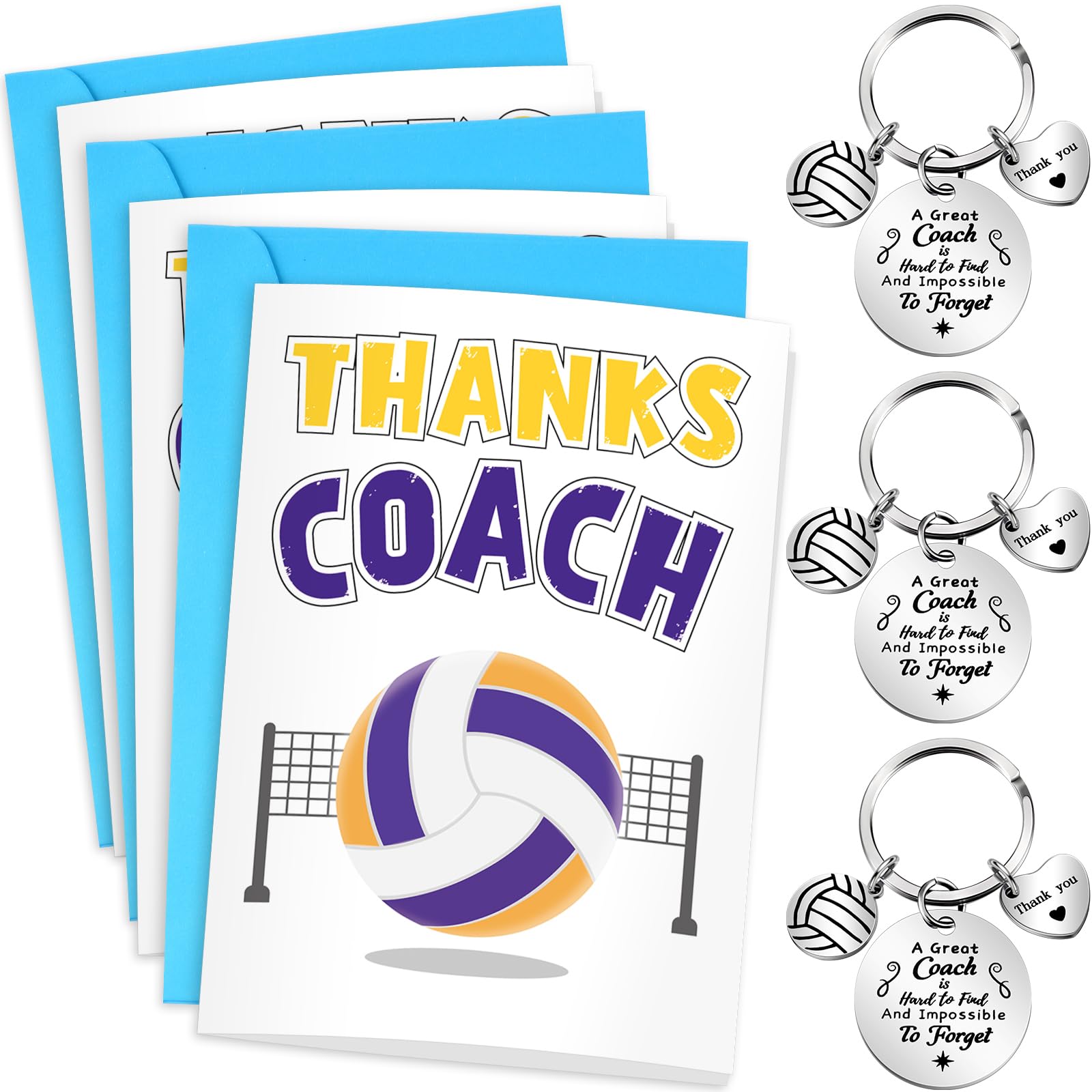 Misdary 6 Pcs Volleyball Soccer Coach Appreciation Gift Bulk 3 Thanks Card with envelope 3 Keychain Set for Gift
