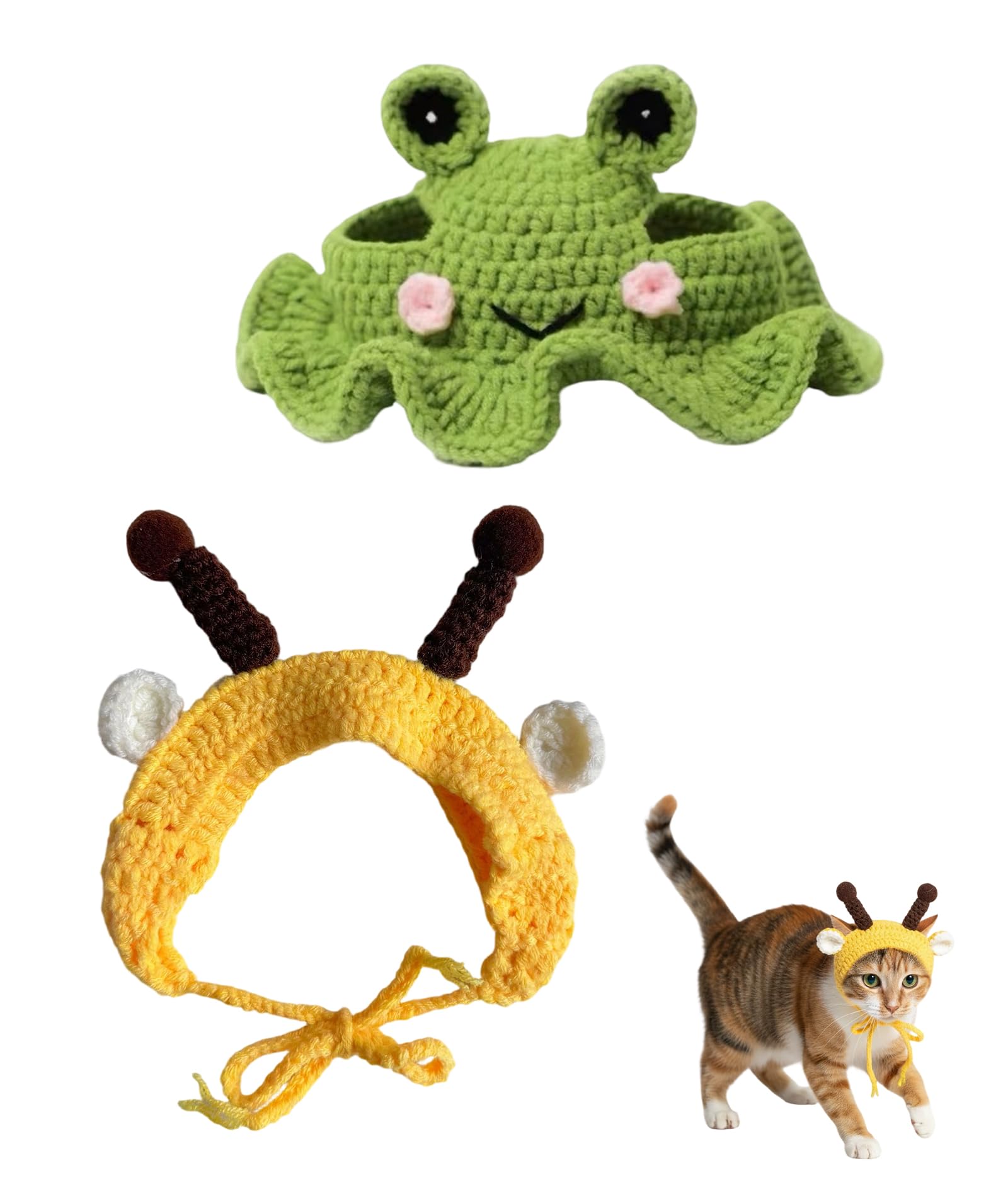 2PCS Cat Hat, Cat Clothes with Frog and Bee Design, Soft Knit Cats Costume for Halloween, Birthday Parties, Photo Sessions and Social Media, for Pet Lovers-image-18