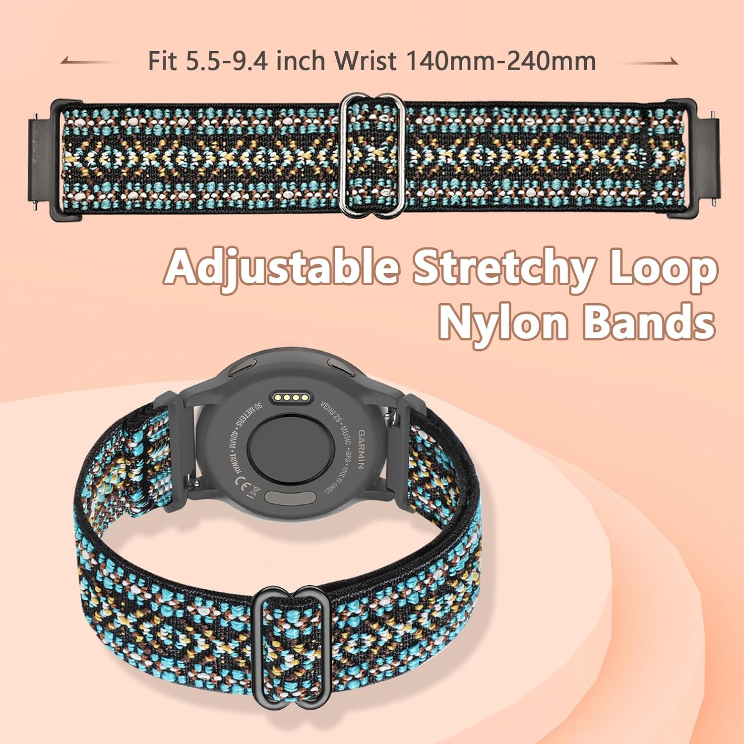 18mm Stretchy Nylon Watch Bands Compatible with Garmin Vivoactive Venu 2S/Venu 3S/Vivomove 3S/4S/Forerunner 265S/255S/255S Music