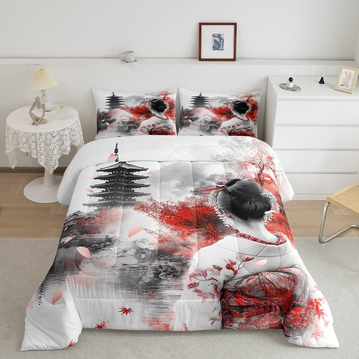 Japanese Comforter Set 7-Piece Ukiyo Style King Bedding Set Geisha Cherry Blossom Bed In A Bag Japan Ink Pattern Fitted Sheet Boys Teens