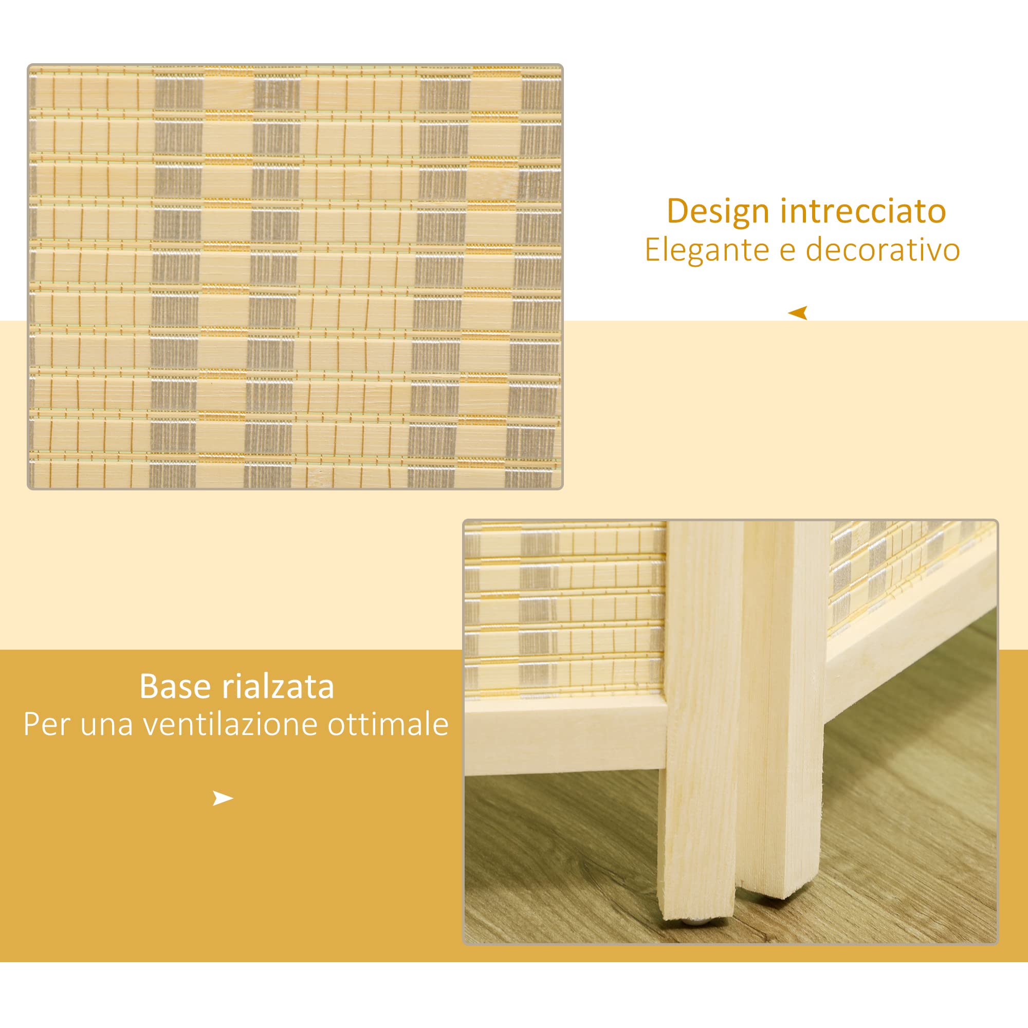 HOMCOM Paravento da Interno a 4 Ante in Legno e Bambù, Separé Divisorio Pieghevole Salvaspazio Altezza 180cm Stile Boho, Colore Naturale