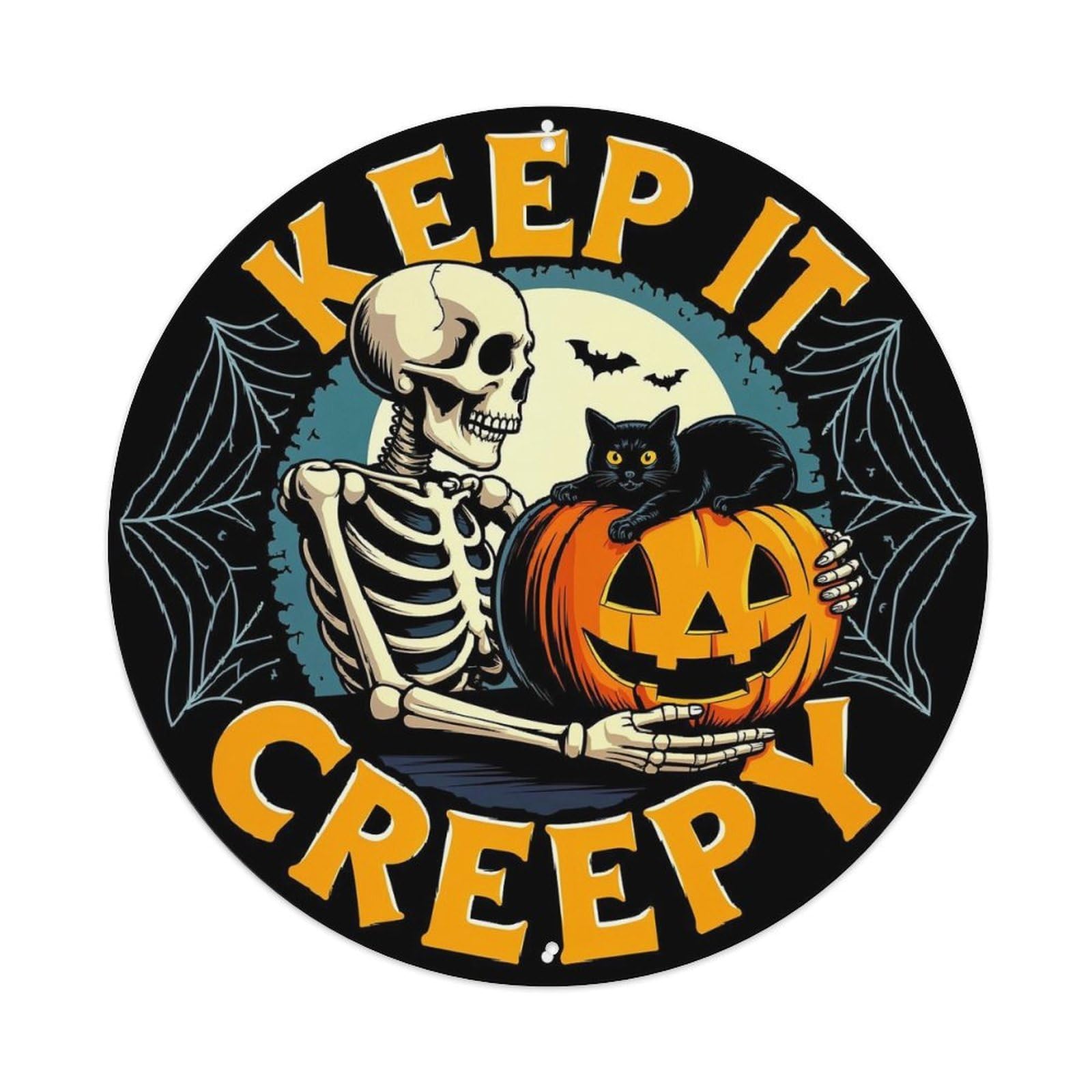 Skeleton Cat Pumpkin Bats Moon Round Metal Tin Sign Vintage Wall Decor, Bar Garage Cafe Kitchen Home Wall Art Poster 8x8inches