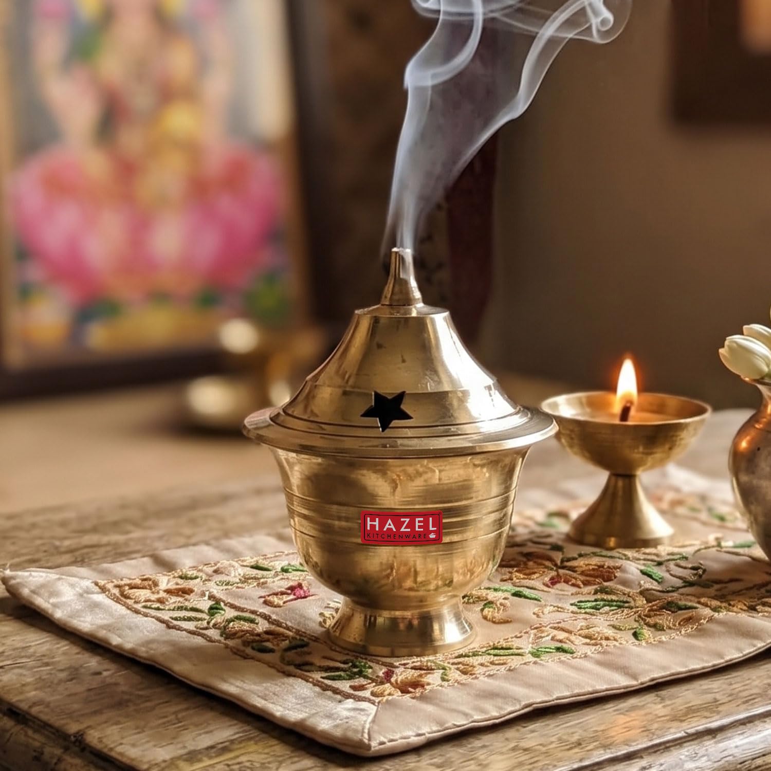 hazel brass sambrani dhoop holder for home & temple | incense burner stand for dhoop, sambrani cups & pooja use