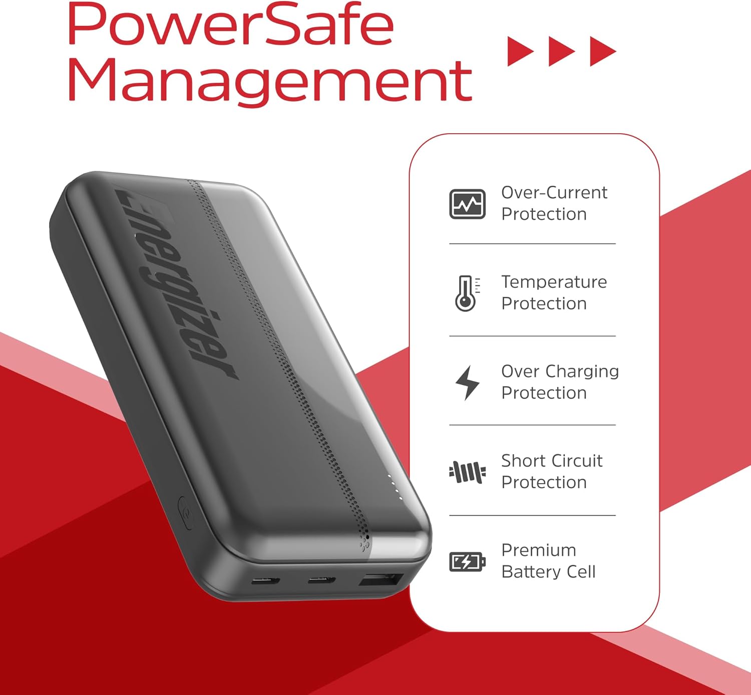 Energizer UE20050C Power Bank with icons representing PowerSafe Management features: Over-Current, Temperature, Over-Charging, Short Circuit Protection, and Premium Battery Cell.