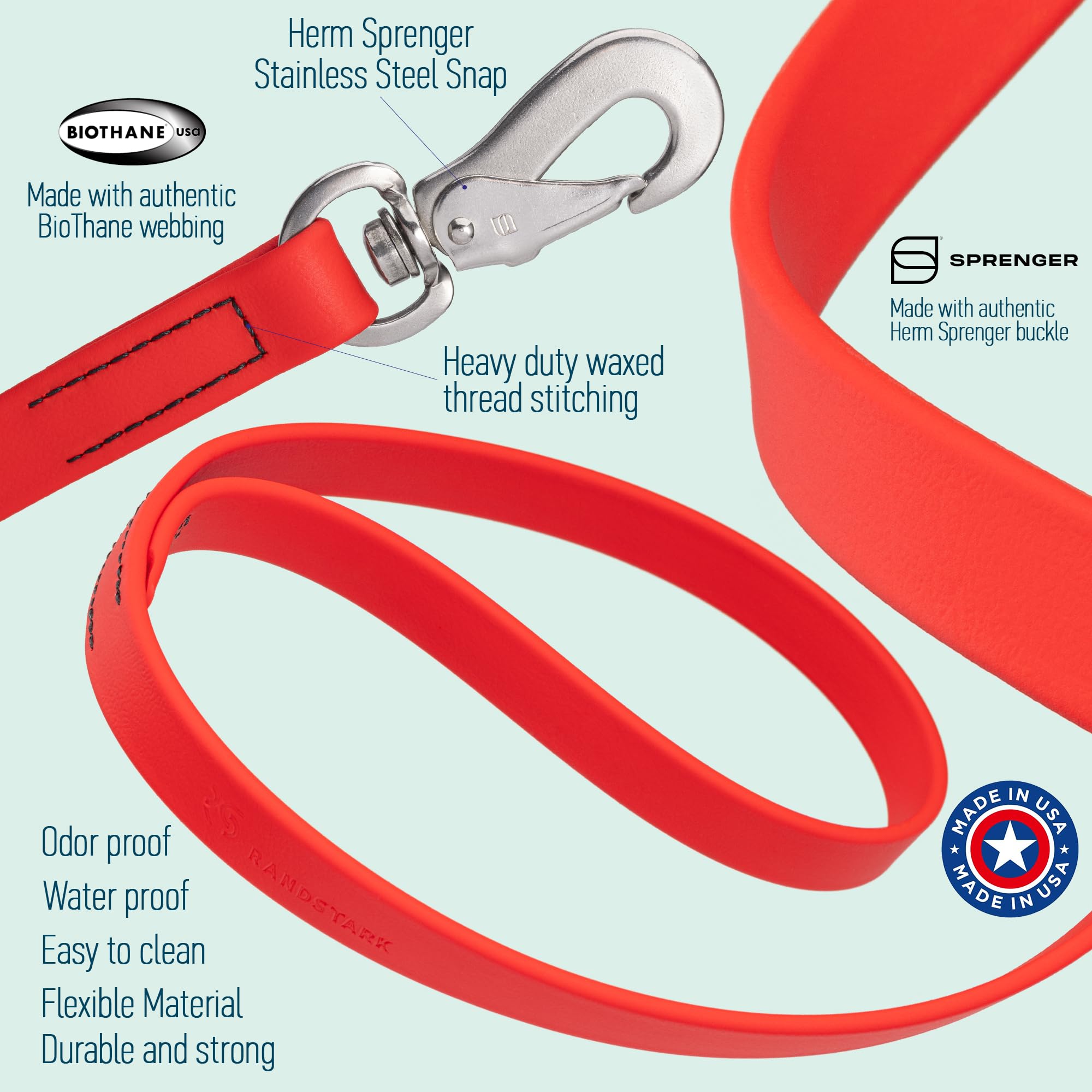 Biothane - Correa impermeable y duradera para perro con gancho giratorio de acero inoxidable Herm Sprenger, 6 pies, para perros medianos y grandes, fabricada en Estados Unidos (rojo cereza,