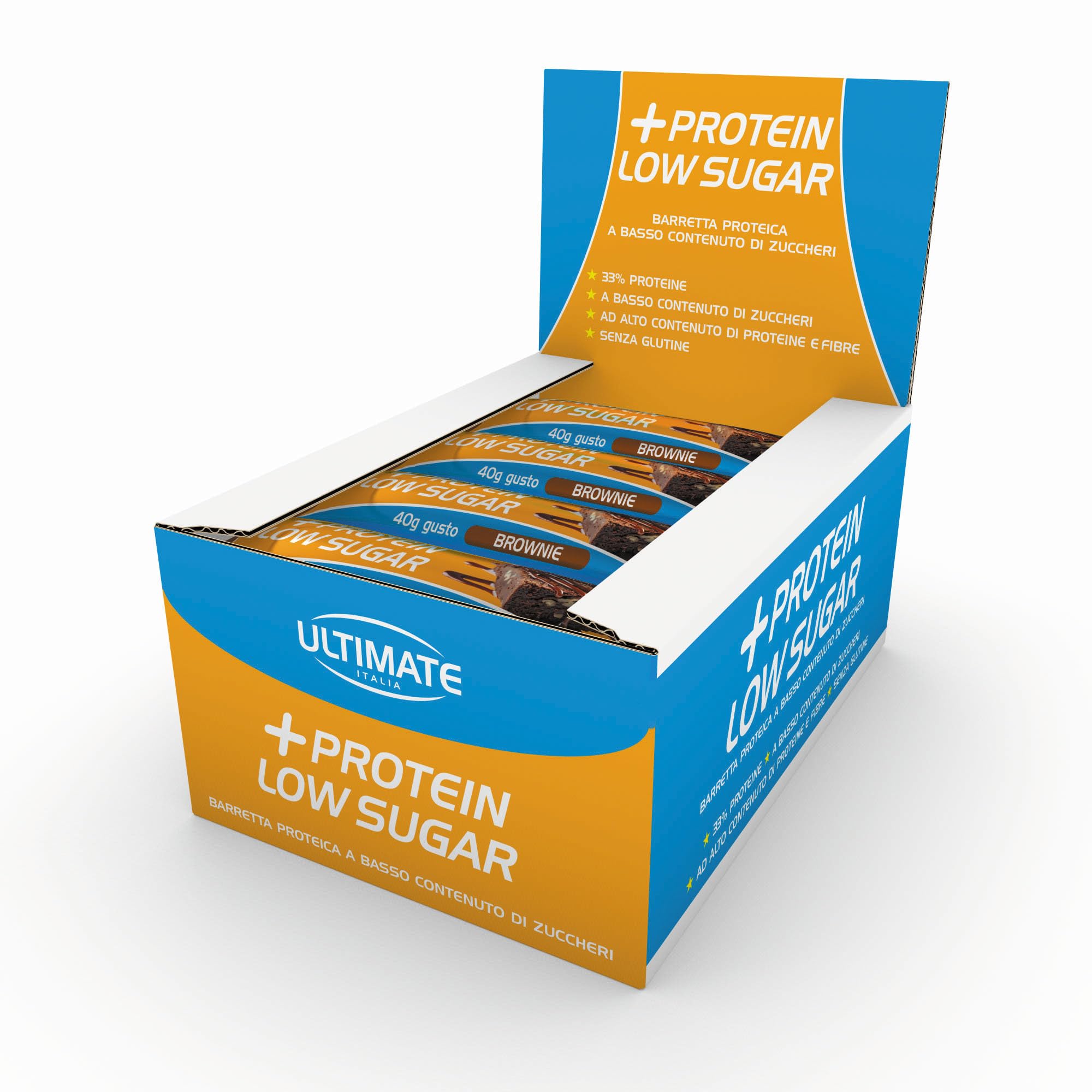 Ultimate Italia - Barretta low sugar proteica al 33% - gusto brownie - 16x40g - a basso contenuto di zuccheri, senza glutine