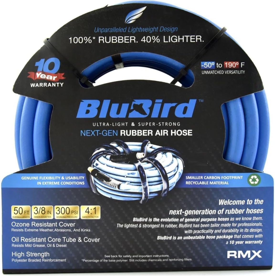 BLUBIRD BB3850 3/8" x 50' Rubber Air Hose, 100% Rubber, Lightest, Strongest, Most Flexible, 300 PSI, 50F to 190F Degrees, Ozone Resistant, High Strength Polyester Braided