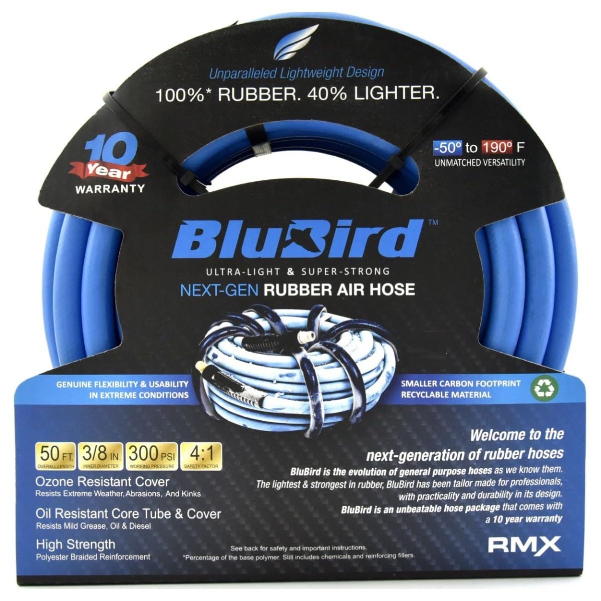 BLUBIRD BB3850 3/8 x 50 100 Percent Rubber Air Hose Blue